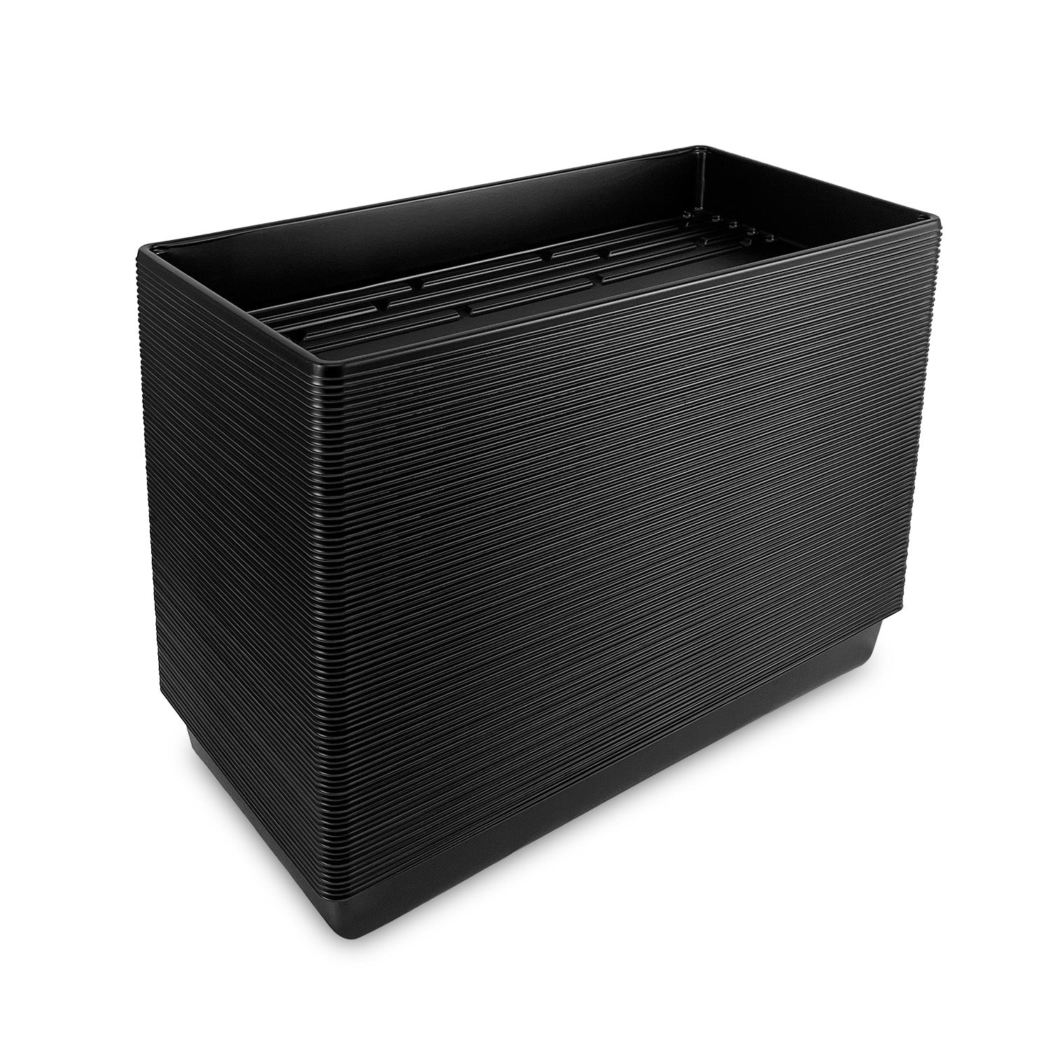 A sleek, modern black plastic 20" x 10" grow tray with horizontal ridges, viewed from an angle. Sold as a case of 10 and designed without holes.