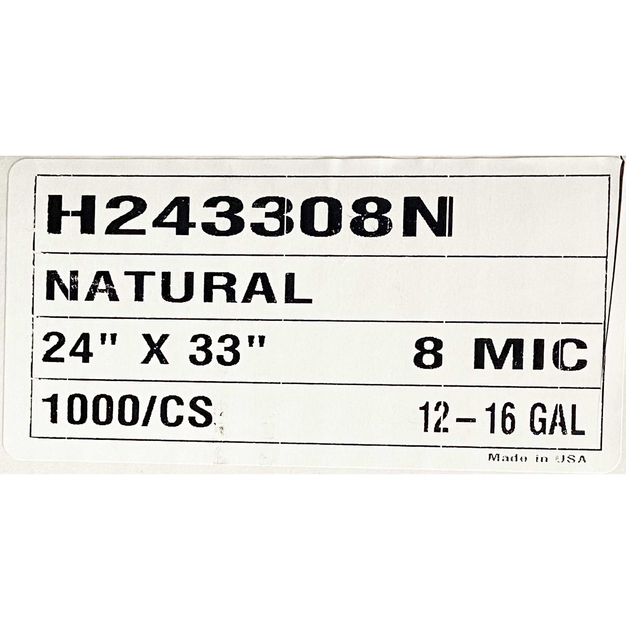 HDPE Liners-12-16 Gallon Natural Trash Bags 24x33 8 Micron (H243308N)