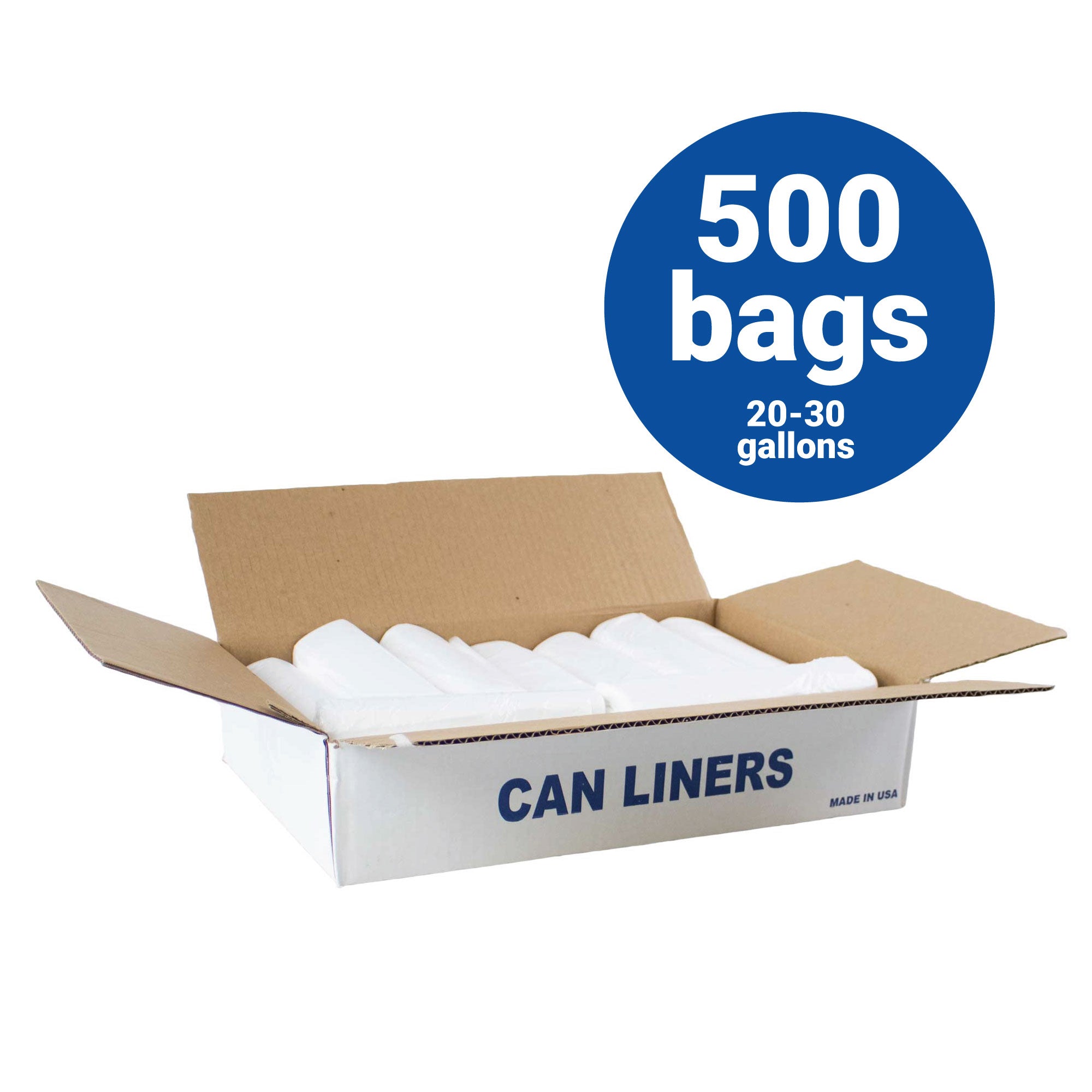 Open cardboard box labeled "HDPE Liners 20-30 Gallon Natural Trash Bags 30x37 10 Micron (H303710N)" contains several rolls of white bags. A blue circle above states: Case of 500, fits 20-30 gallon bins.