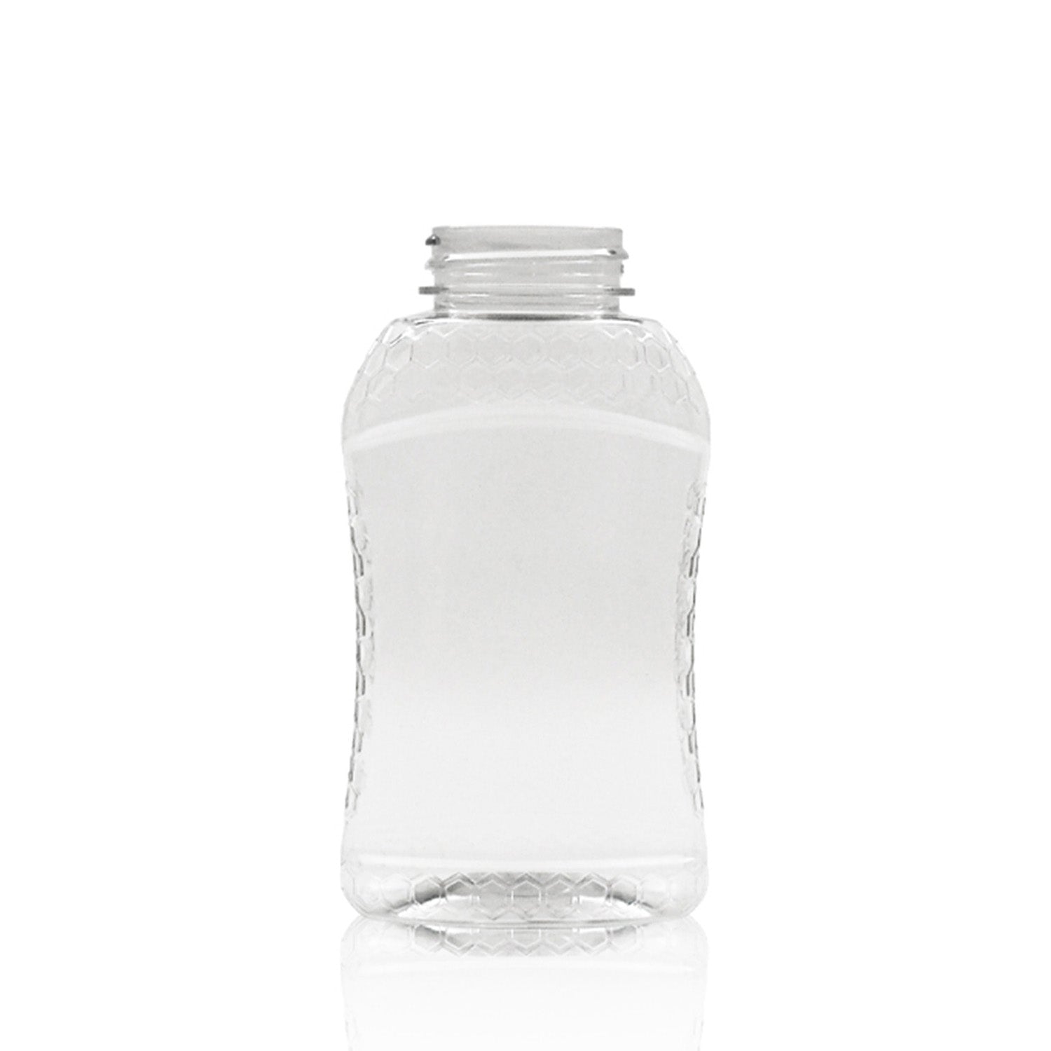 A 12 oz. Honeycomb Bottle from a case of 100, made of clear plastic with a textured, honeycomb-like pattern on the sides and no cap, stands upright against a white background.