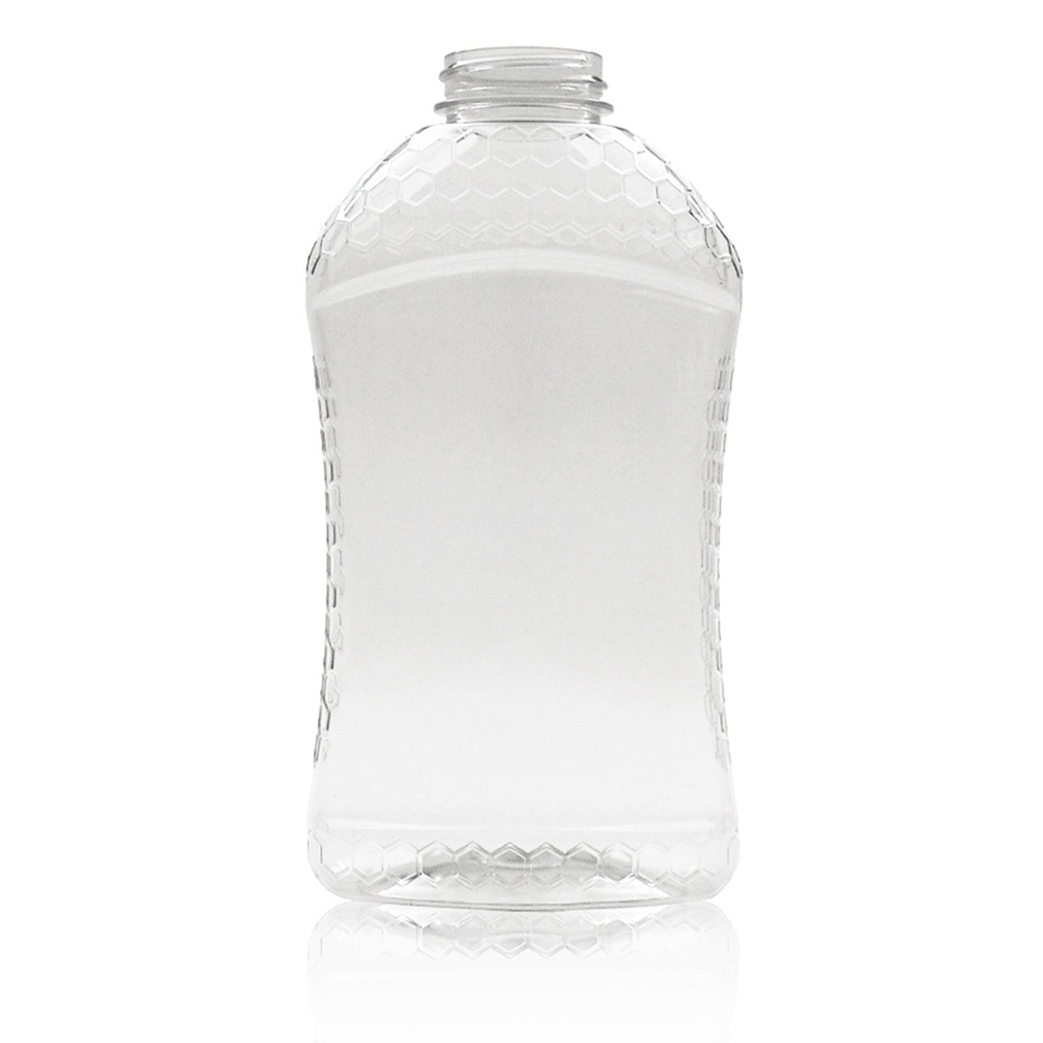 A clear, empty 32 oz. Honeycomb Bottle with a hexagonal pattern stands upright on a white background. The bottle has a slight curve and an open top. Sold as a case of 100.