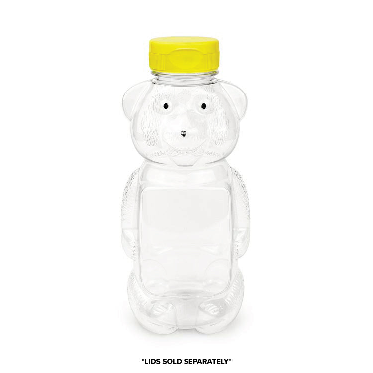 Bear Shaped Honey Bottles - Case of 100: Clear plastic bottles shaped like bears with simple faces, sitting upright. Yellow screw-on lids are sold separately. Plain white background.