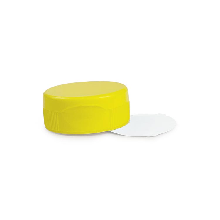 A 38/400 yellow flip-top honey bottle lid with a white pressure-sensitive liner beside it, displayed on a plain white background. Case of 100.