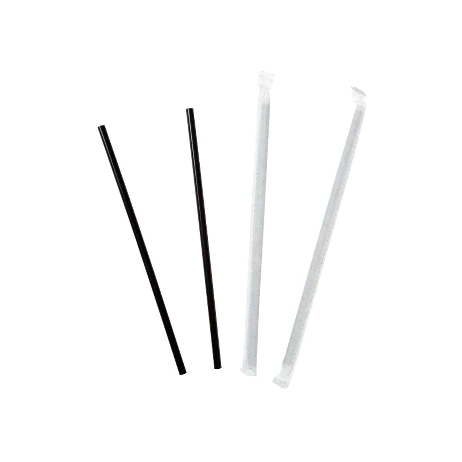 A 7.75" Jumbo Black Paper-Wrapped Straw and an unwrapped black straw from a case of 500 are shown side by side on a white background.