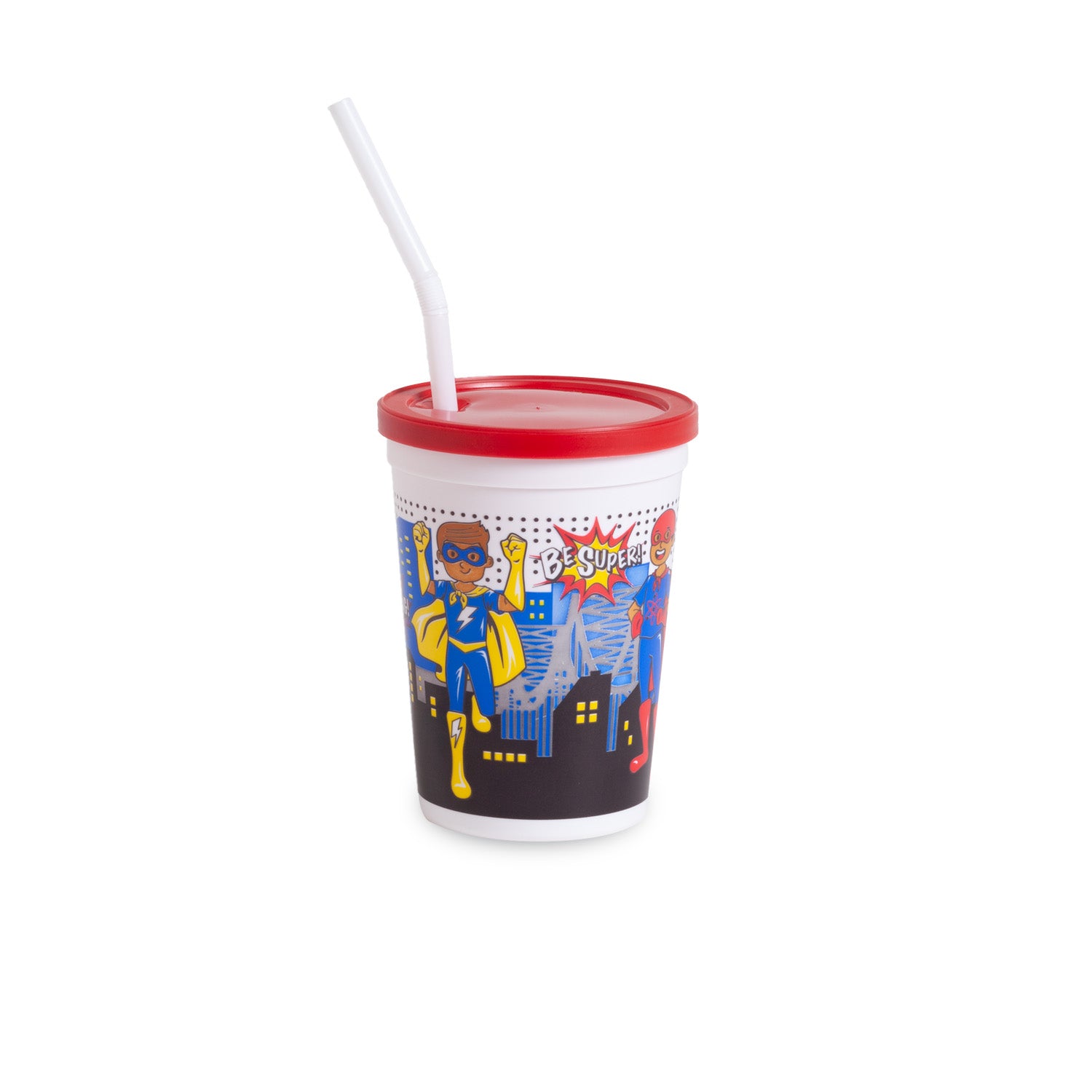 The 12 oz. Saturday Morning Heroes Kids Cup features cartoon superheroes, city buildings, a red lid, reusable white straw, and "Be Super" text on a colorful design. Sold in a case of 50; background is plain white.