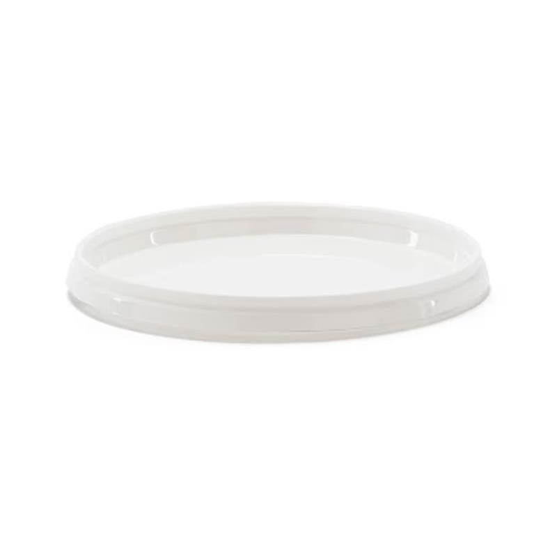 A BPA-Free Food-Grade UniPak Round Lid (L404UPCP) is displayed against a white background. The lid is white, plastic, round, and flat with a slightly raised edge. Sold in cases of 2,000.