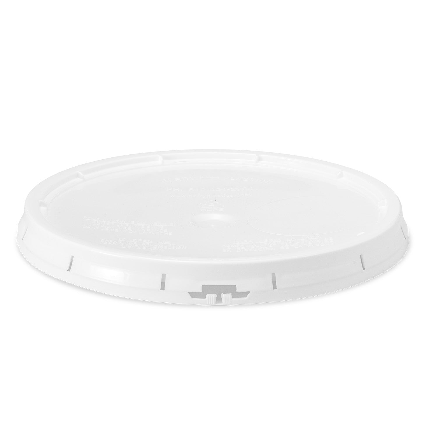 A BPA-free food-grade gasketed tear-strip lid for 3.5, 5, and 7 gallon buckets, featuring a white round design with a raised edge and locking tab, displayed on a plain white background. Includes one count.