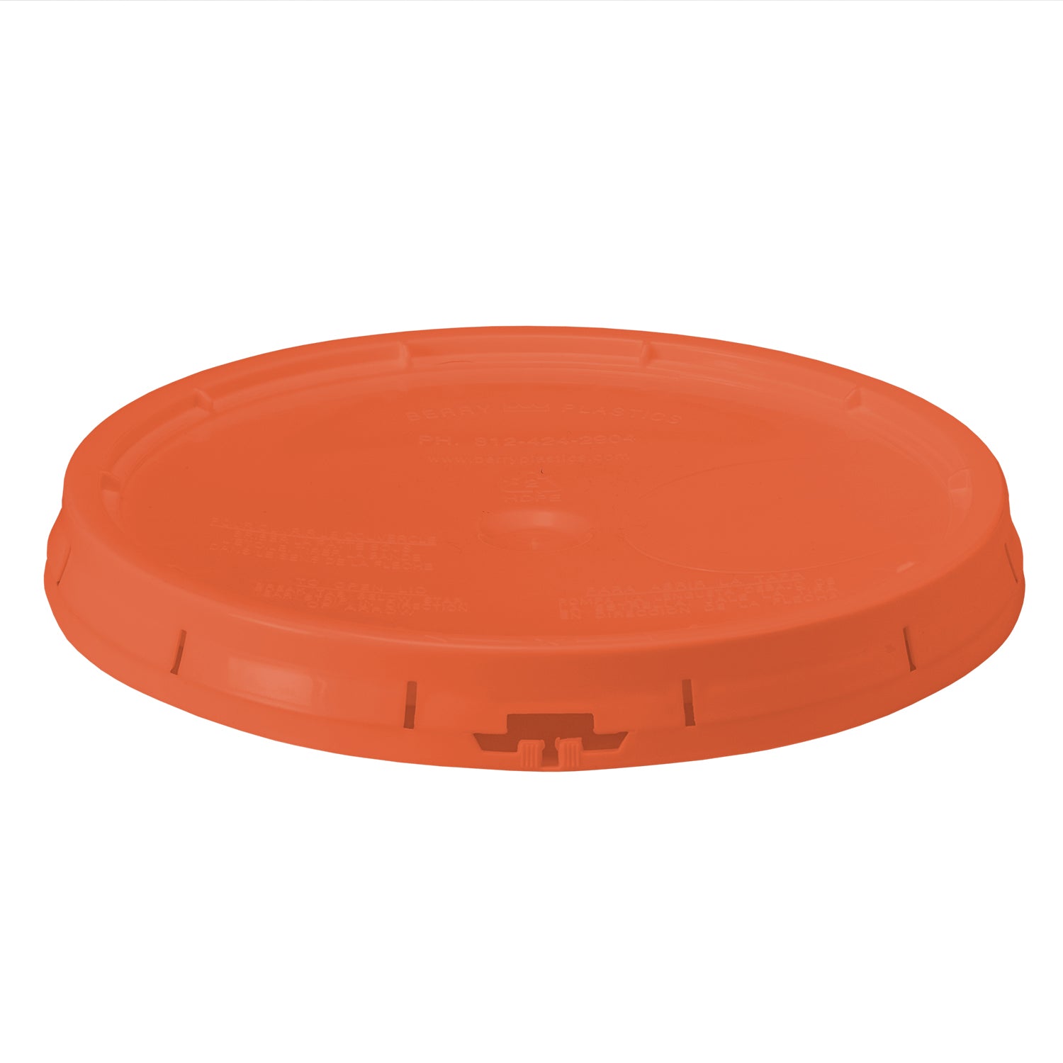 A BPA-free, food-grade plastic gasketed tear-strip lid with a round, orange design and tab, fits 3.5, 5, and 7-gallon buckets; ensures a secure seal for your containers.