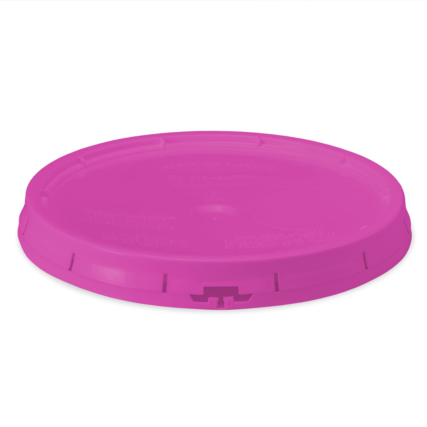 A BPA-free, food-grade pink plastic gasketed tear-strip lid for 3.5, 5, and 7 gallon buckets with a latch feature and raised edge, shown on a white background (1 count).