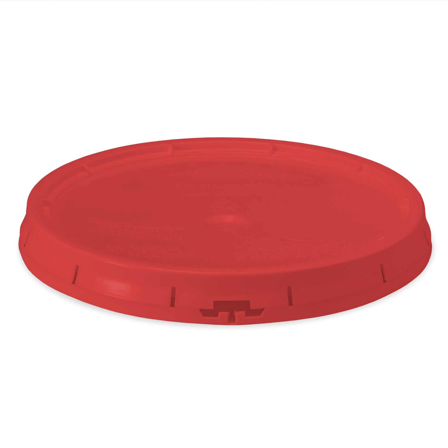 The BPA-Free Food-Grade Gasketed Tear-Strip Lid (1 count) fits 3.5, 5, & 7 gallon buckets; its flat red plastic top has a raised edge and a tab on the rim for easy removal, ensuring a secure container seal.