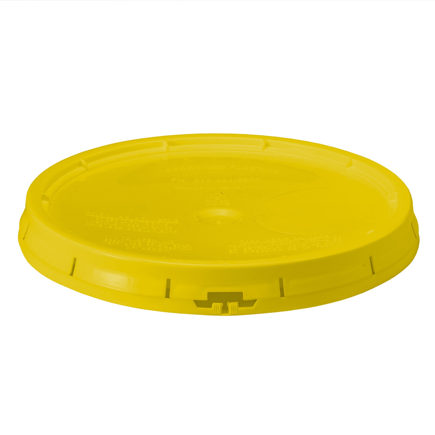 A BPA-free, food-grade yellow plastic tear-strip lid with gasket, flat top, and raised edges; fits 3.5, 5, & 7 gallon buckets and features a front tab for easy removal.