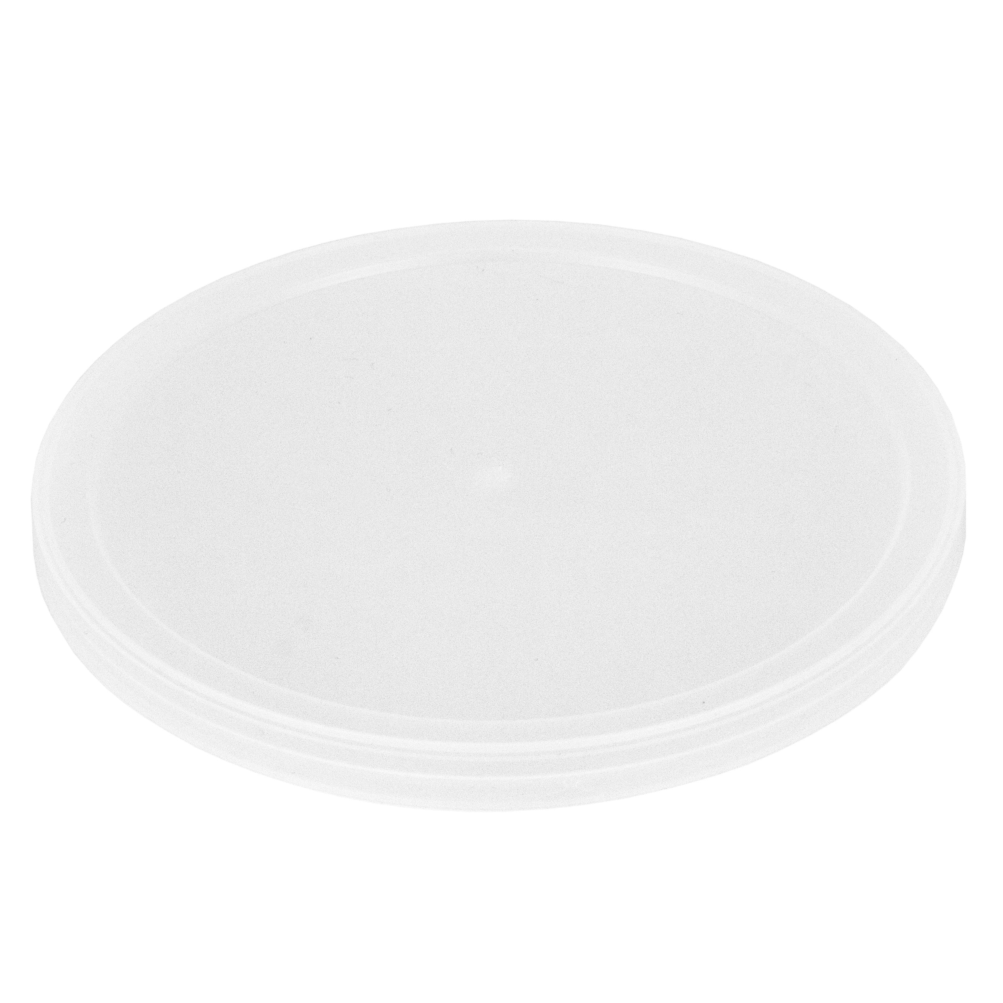 A clear, round BPA-Free Food-Grade Freezer-Safe Lid (L410 + L410RTR), shown on a white background, features a smooth surface and slightly raised outer edge. Sold as a case of 1000 lids.