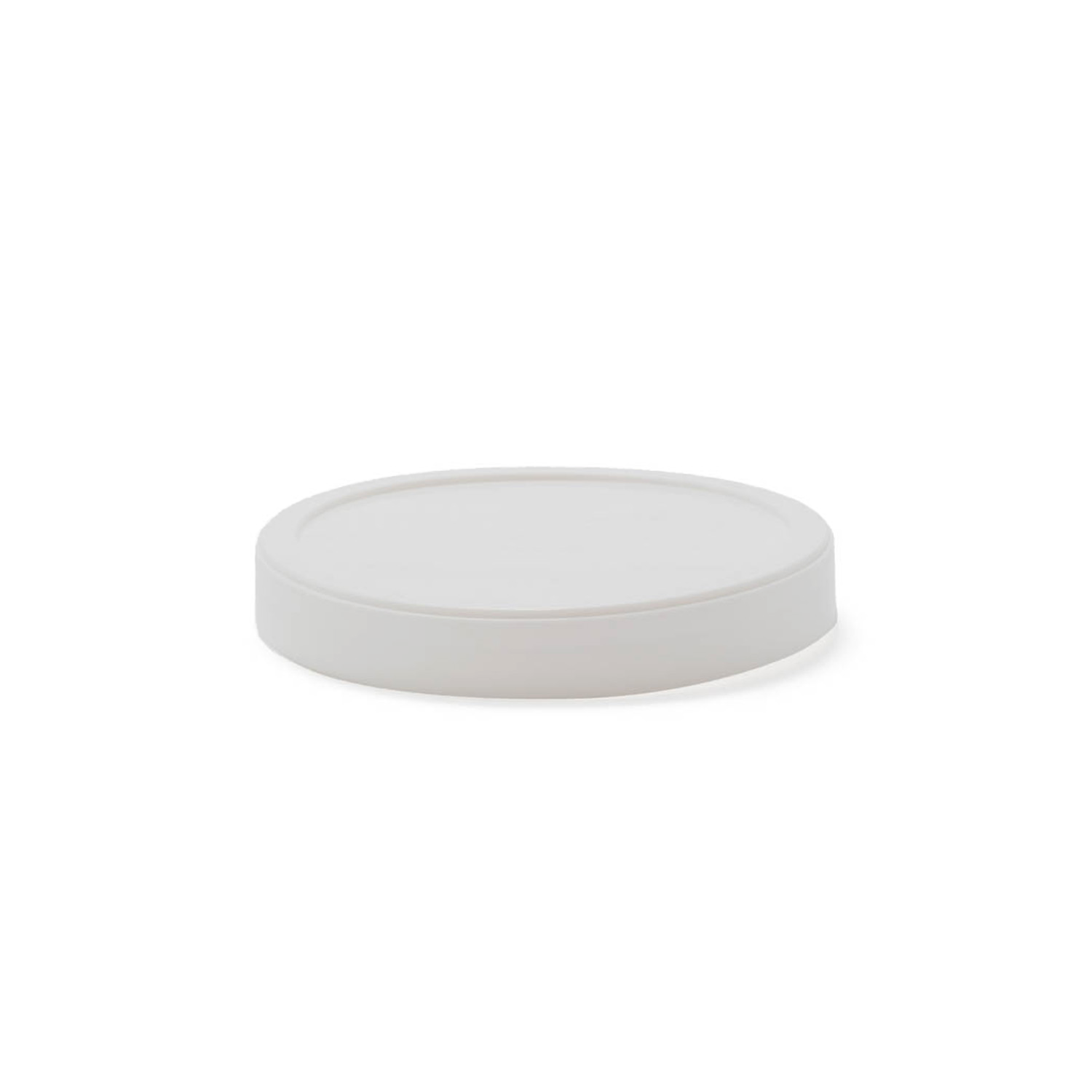 A Food-Grade Freezer-Safe Lid with long skirt (L410LCA), shown plain, round, and white, appears against a white background. Sold in case of 500.