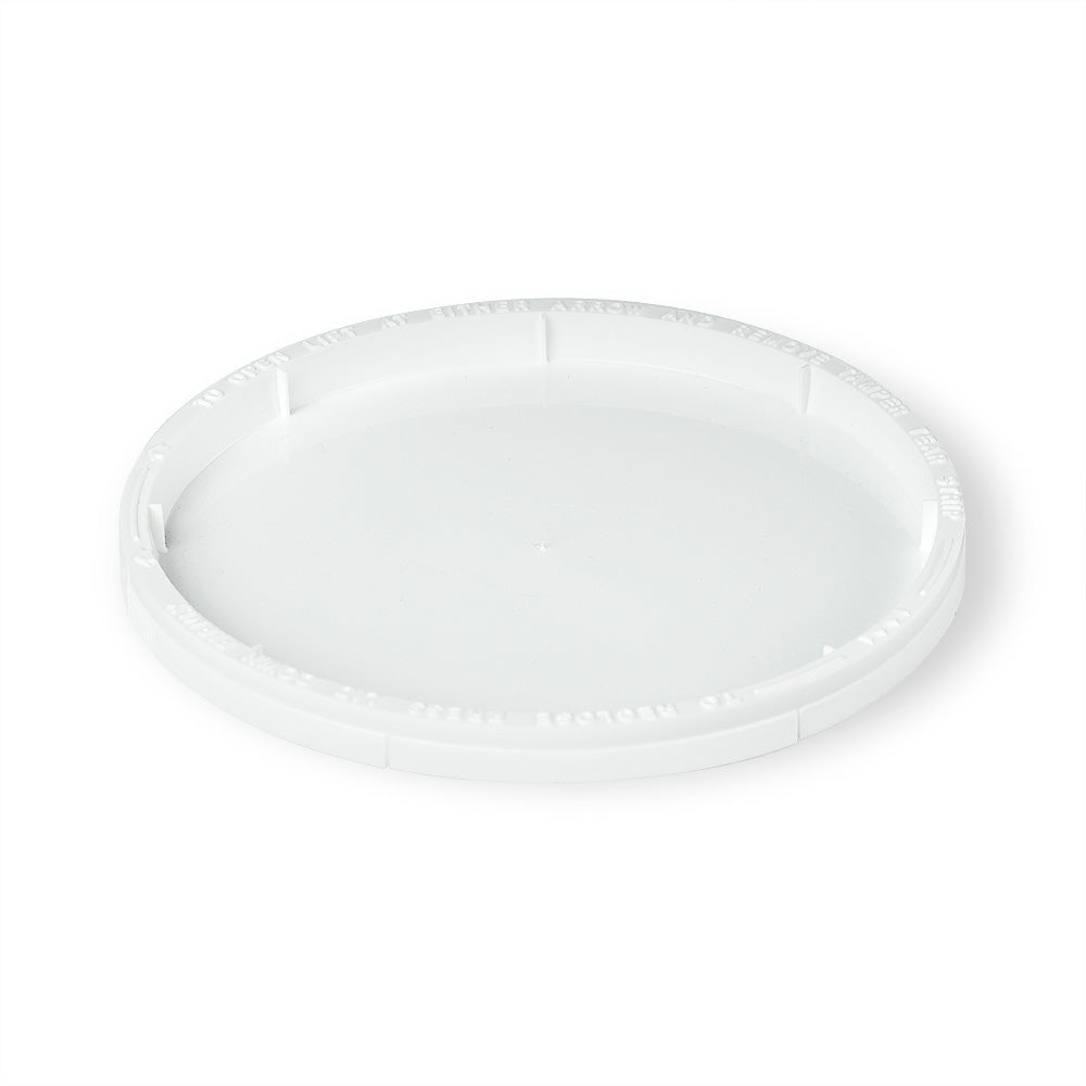 A white, round BPA-Free Food-Grade Freezer-Safe Lid (L410 + L410RTR) with smooth surface and slightly raised edges, shown against a plain white background. Case of 1000.