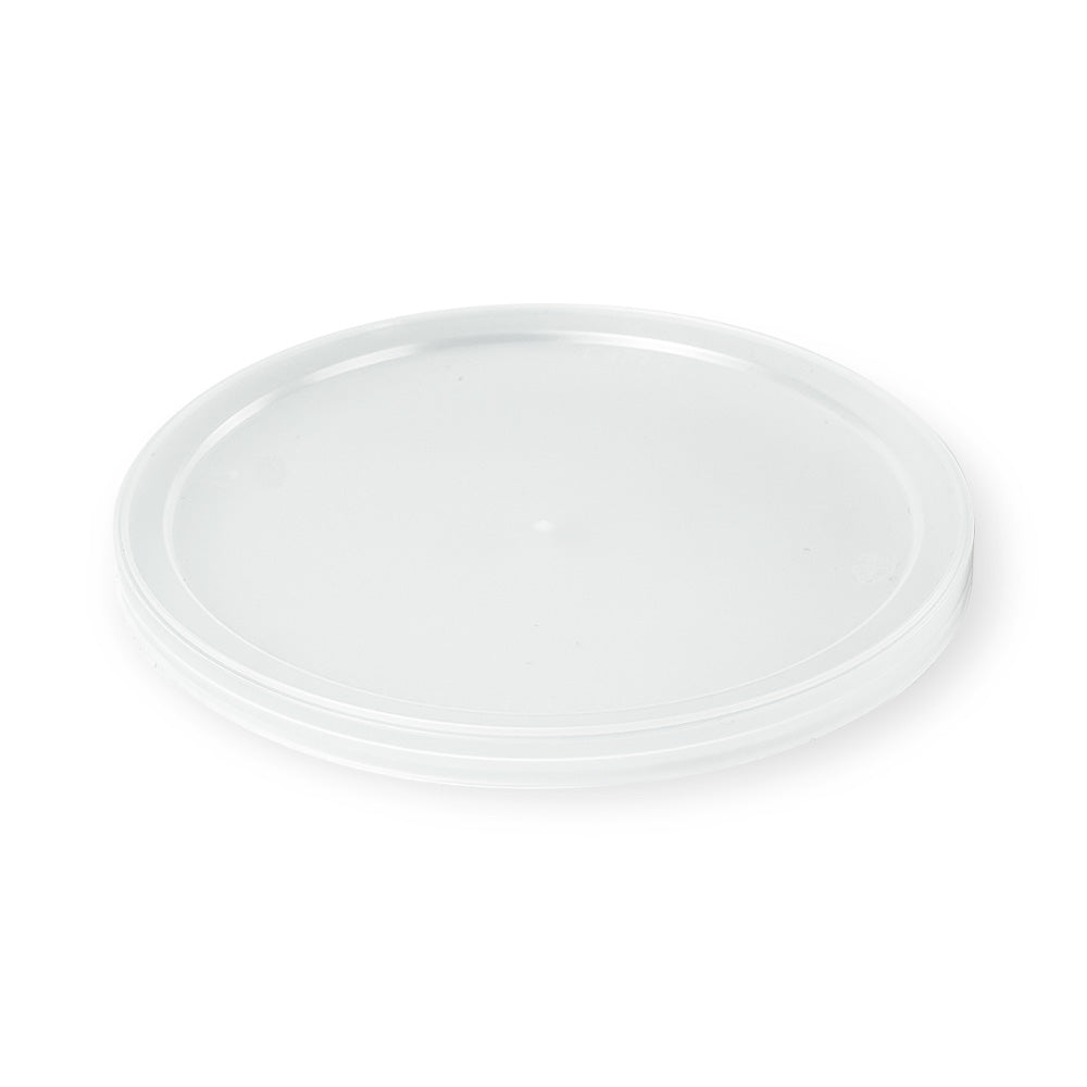 A BPA-Free Food-Grade Freezer-Safe Lid (L410 + L410RTR) is shown against a white background. The clear, round plastic lid is flat with a slightly raised edge. Sold in a case of 1000.