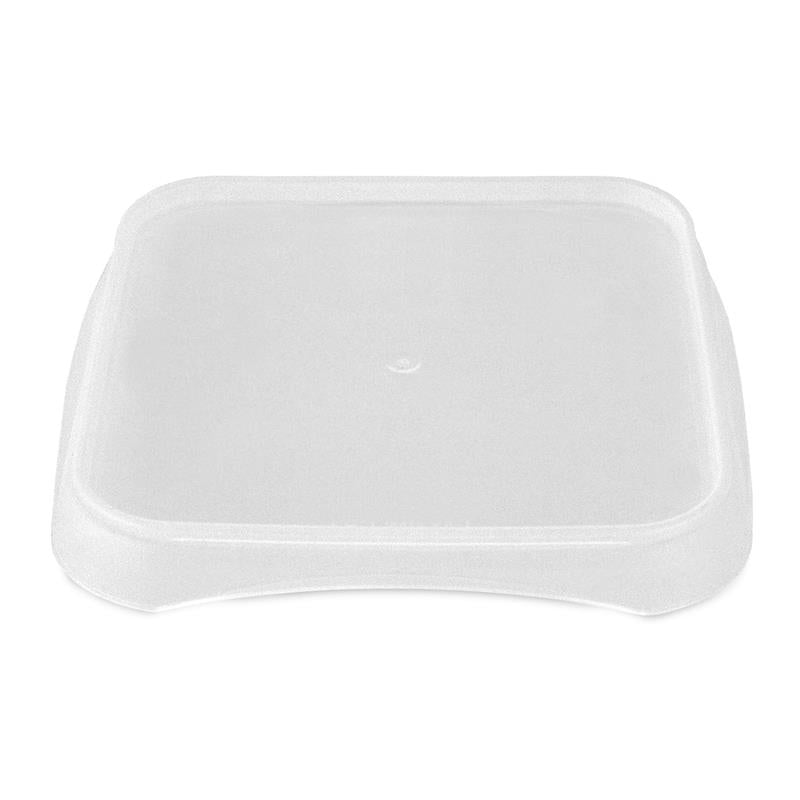 The BPA-Free Food-Grade SelecTE Tamper-Evident Square Lid (L4X4IMLCP), shown on a white background, is a clear plastic container lid with slightly curved edges. Sold in a case of 1200.