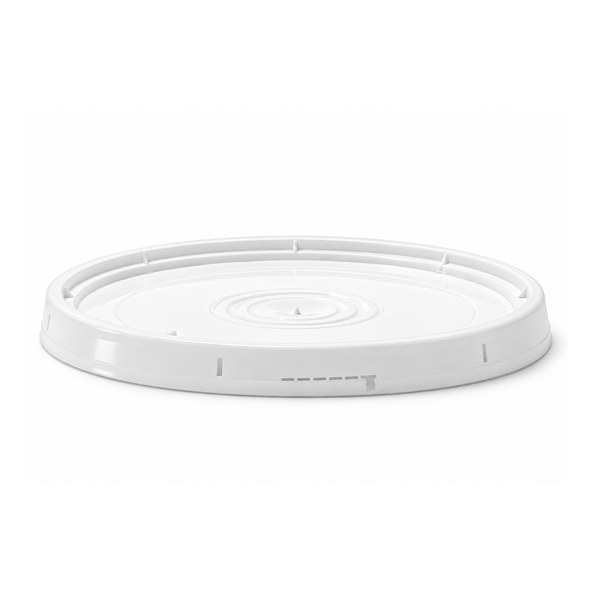Round white BPA-Free Food-Grade Non Gasketed Tear-Strip Lids (L904GTSU) - Case of 150, shown as a plastic bucket lid with a side tear-strip.