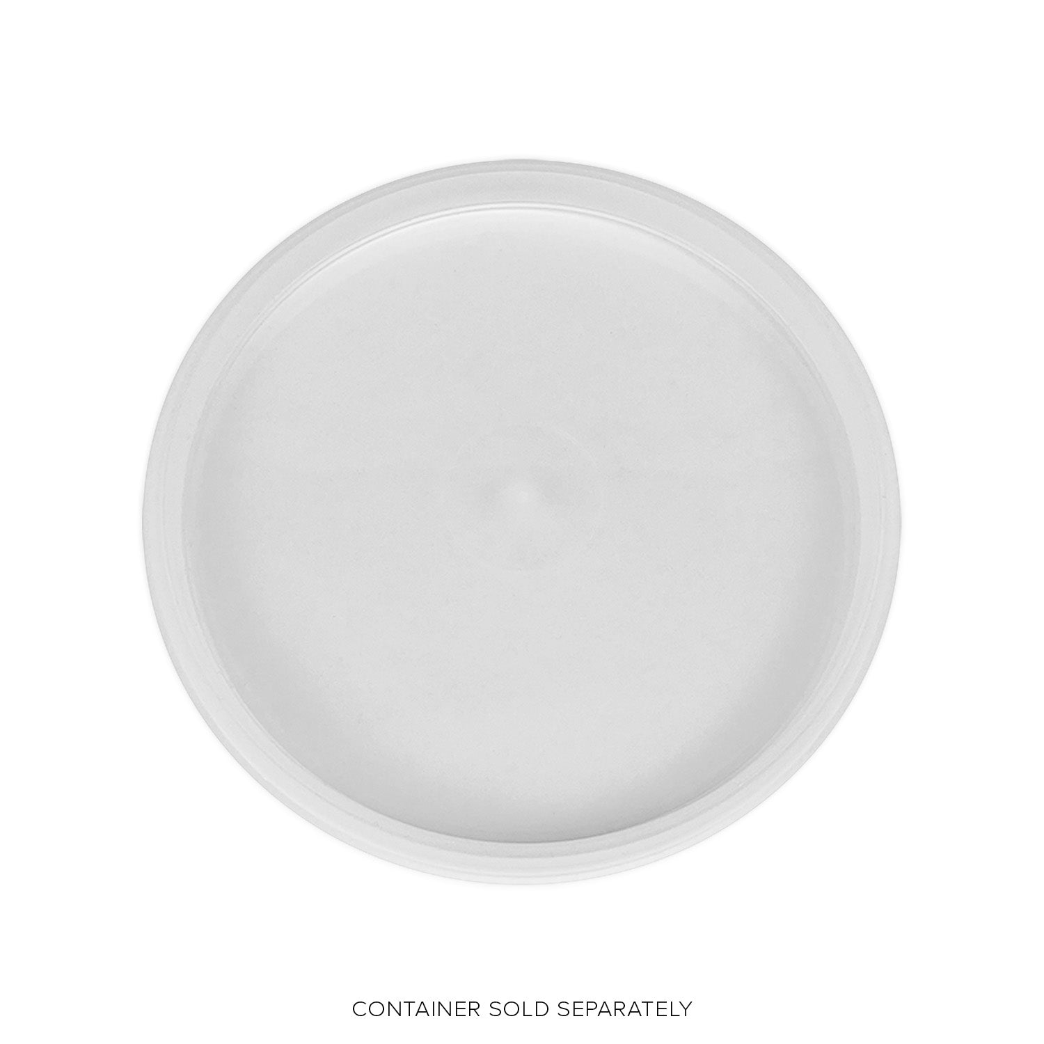 A plain, round, white BPA-Free Food-Grade Recessed Lid viewed from above on a white background. Text below reads: CONTAINER SOLD SEPARATELY. Case of 500.
