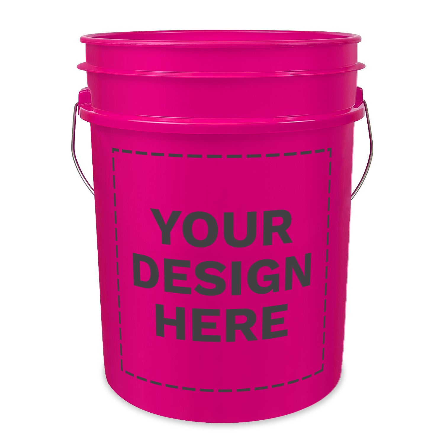 The Custom 5 Gallon Bucket is made of bright pink plastic with a metal handle and features a dashed box on the front with bold black text reading YOUR DESIGN HERE, ideal for adding custom graphics or logos.