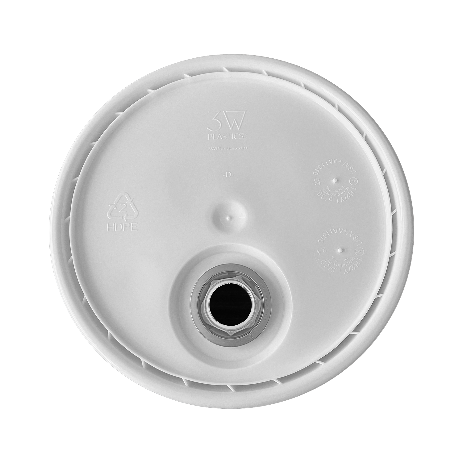 The UN-Rated 5 Gallon 1H2/Y1.5/30 BPA-Free Food-Grade Bucket Lid with Pour Spout features a circular white plastic design with a central threaded opening, embossed recycling symbol, HDPE marking, and plain finish.