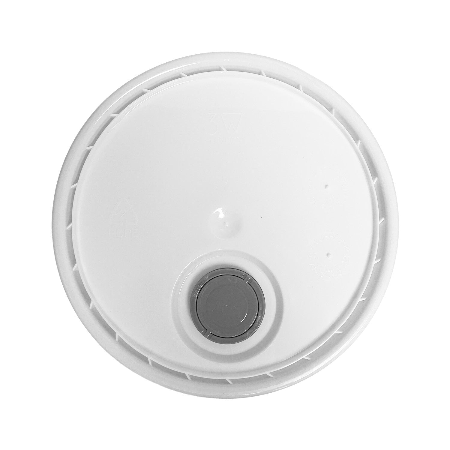 The UN-Rated 5 Gallon 1H2/Y1.5/30 BPA-Free Food-Grade Bucket Lid features a white, round design with a central gray pour spout and raised rim with notches, viewed from above; sold as 1 count.