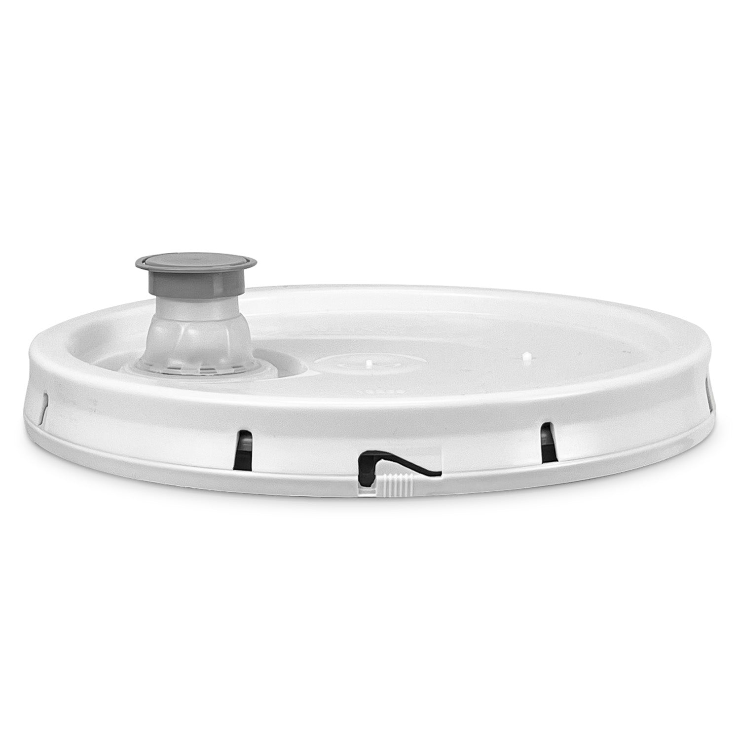 A BPA-Free Food-Grade Lid with gray pour spout and snap-lock closure for 3.5, 5, & 7 gallon buckets (L40GTSRS), shown from the side on a white background.
