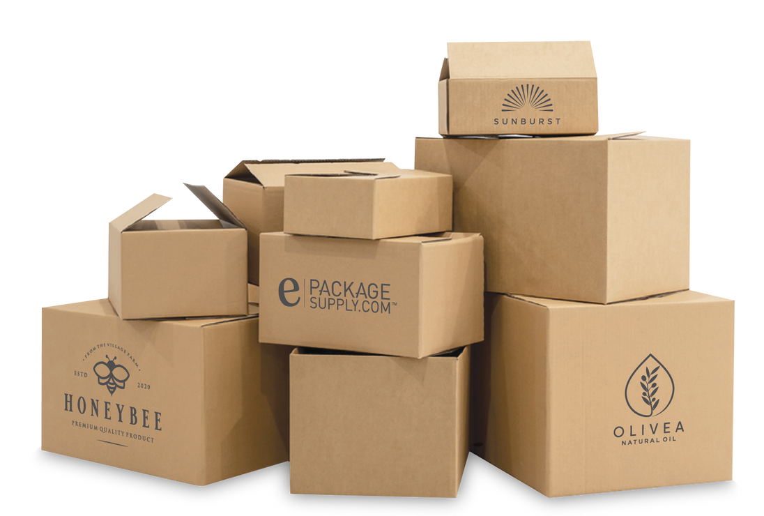 Examples of custom printed corrugated boxes with various brand designs and logos