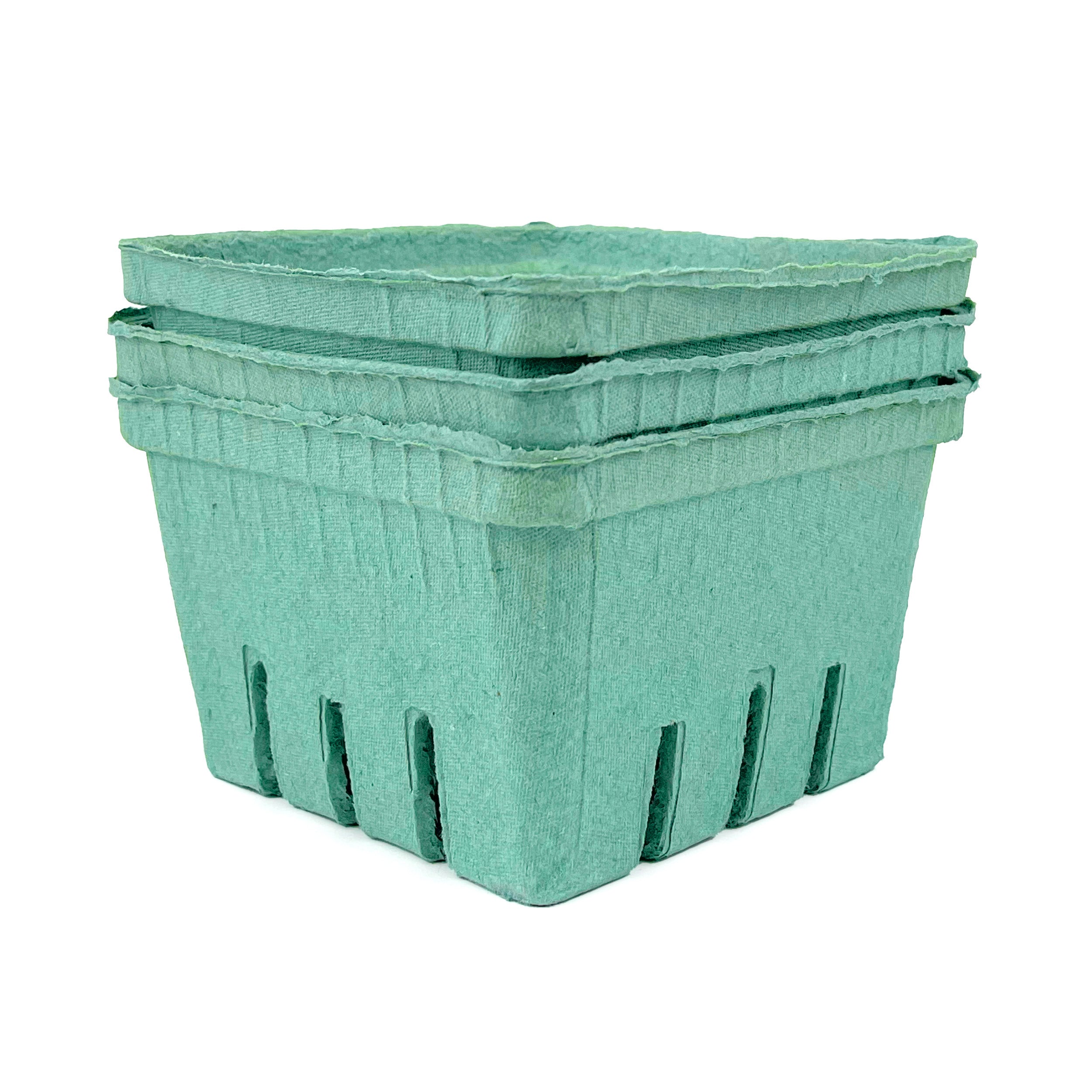 Three empty, green 1 Quart (32 oz.) molded pulp berry/produce baskets with slotted sides, stacked against a white background. Sold as a case of 250.