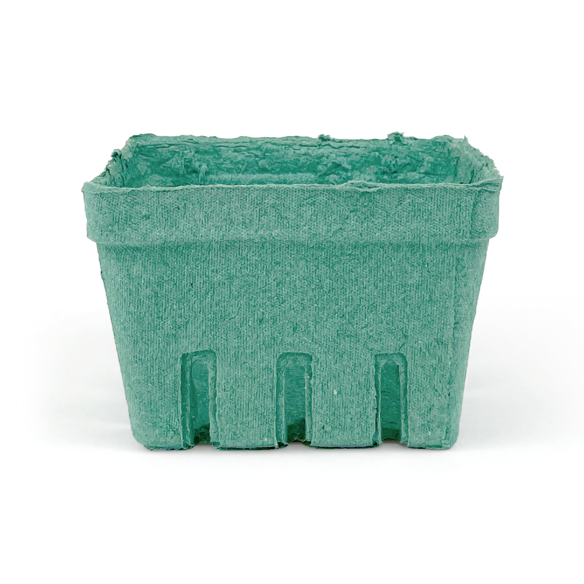 The 1 Pint (16 oz.) Green Molded Pulp Berry/Produce Basket, sold in a case of 500, is a small rectangular container with slotted sides, ideal for holding fruits or vegetables at markets.