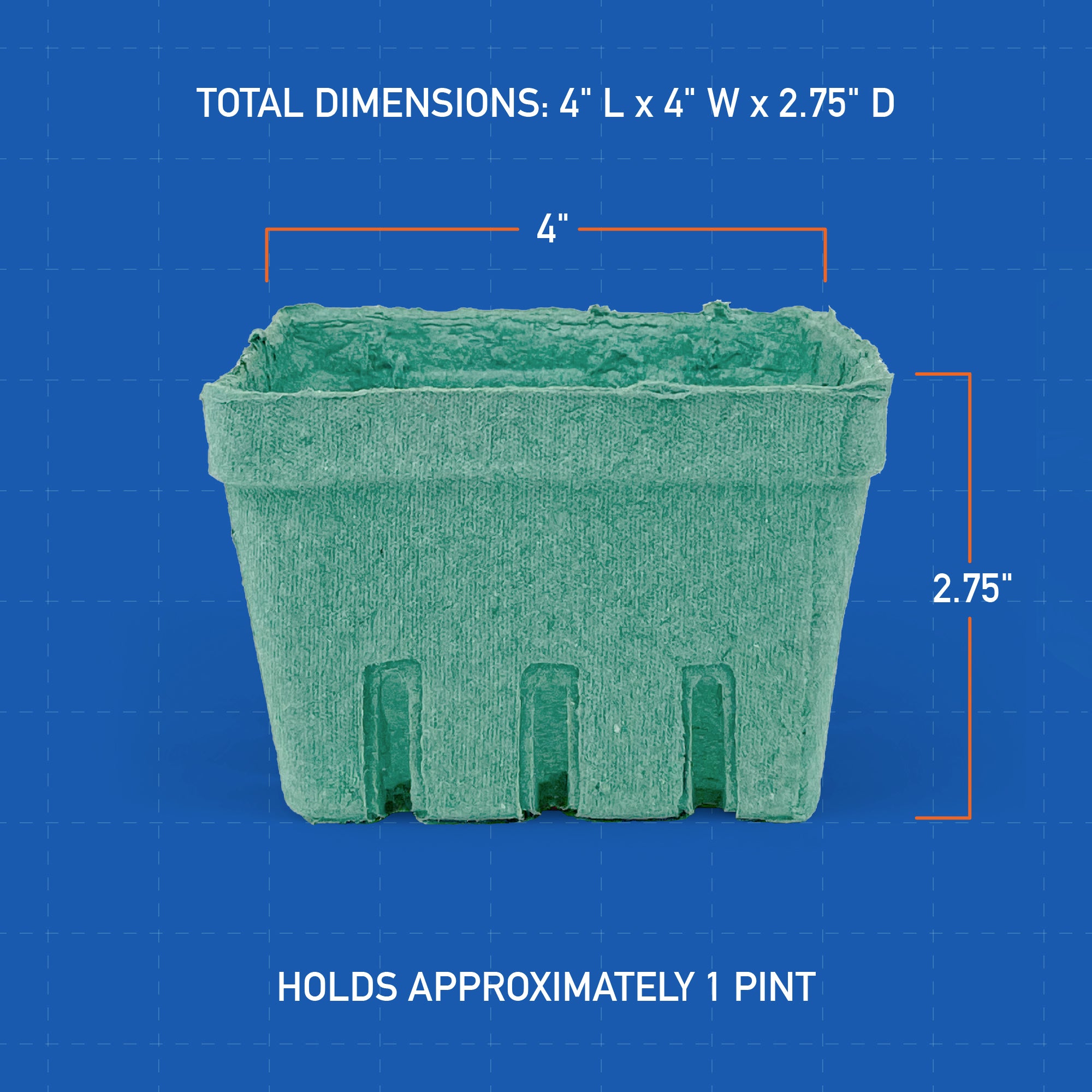 The 1 Pint (16 oz.) Green Molded Pulp Berry/Produce Basket (case of 500) is a rectangular carton measuring 4" L x 4" W x 2.75" D, featuring a blue grid background.