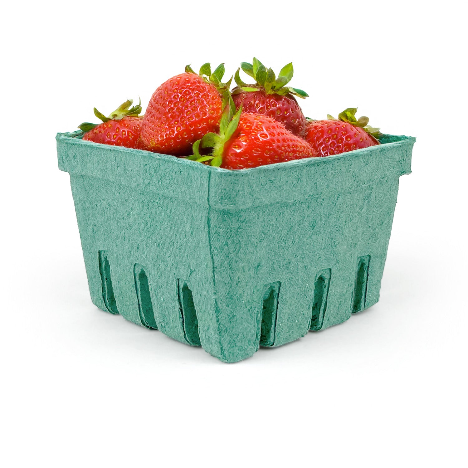 A 1 pint (16 oz.) green molded pulp berry/produce basket (case of 500) is shown filled with fresh strawberries against a white background.