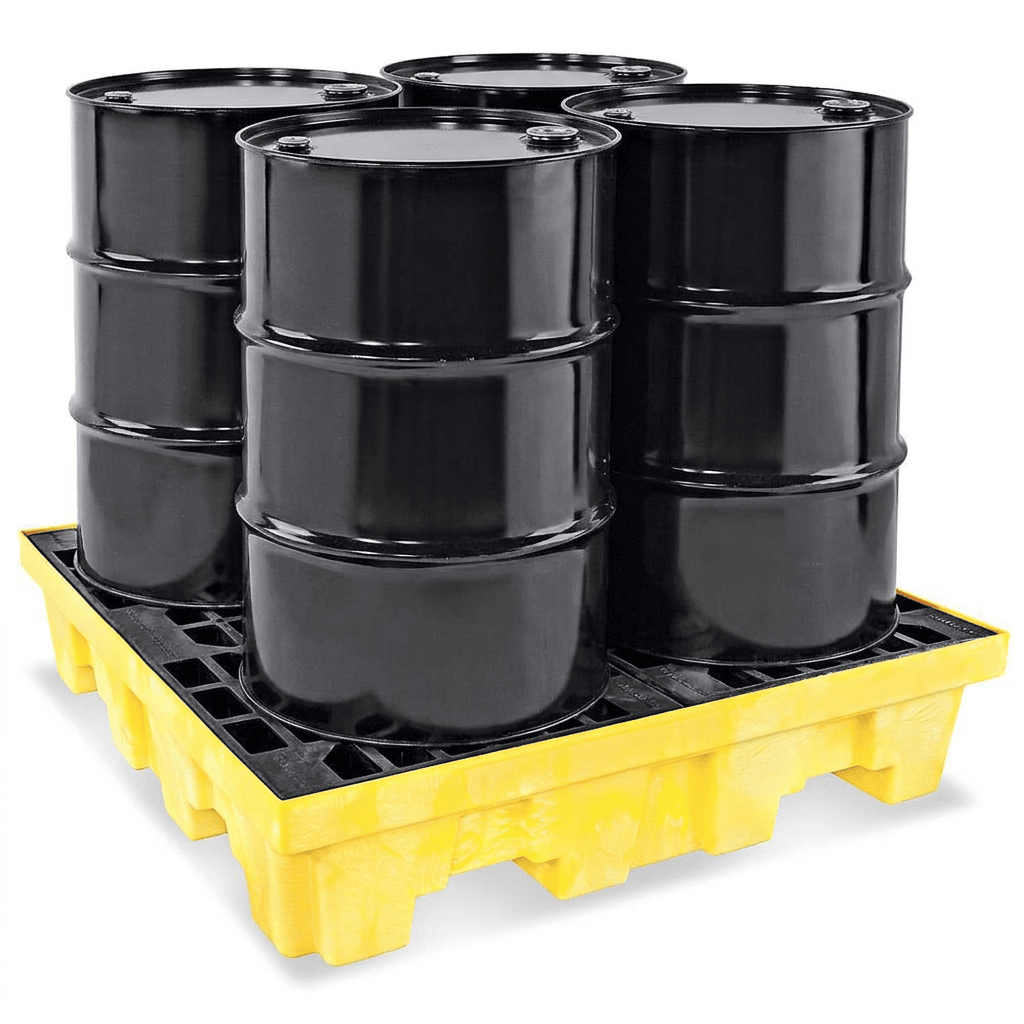 Four black 55-gallon drums are arranged on a yellow plastic 4 Drum Spill Containment Pallet – 73 Gallon Sump (1 count). The pallet is designed to securely hold the drums, and the background is plain white.