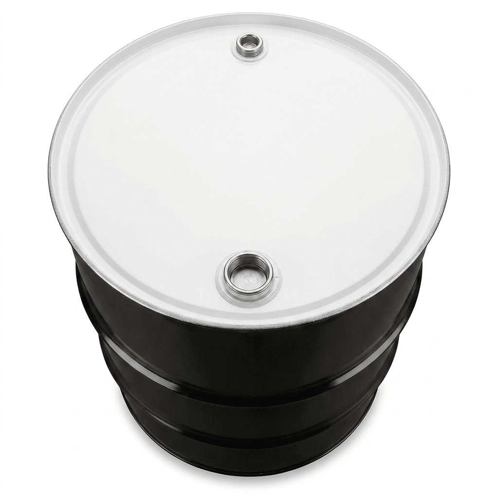 A 55 Gallon Steel Drum - Closed Top (Tight Head) - Lined, shown in black with a white lid as seen from above, features two circular openings on its top. This drum is commonly used for storing and transporting liquids like oil or chemicals.