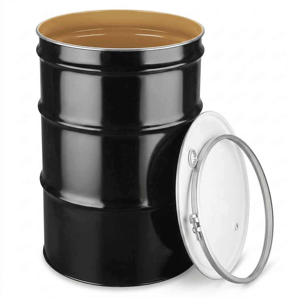 A 55 Gallon Steel Drum—open top and lined with a golden interior—is shown with its white lid and bolt ring resting against the side.