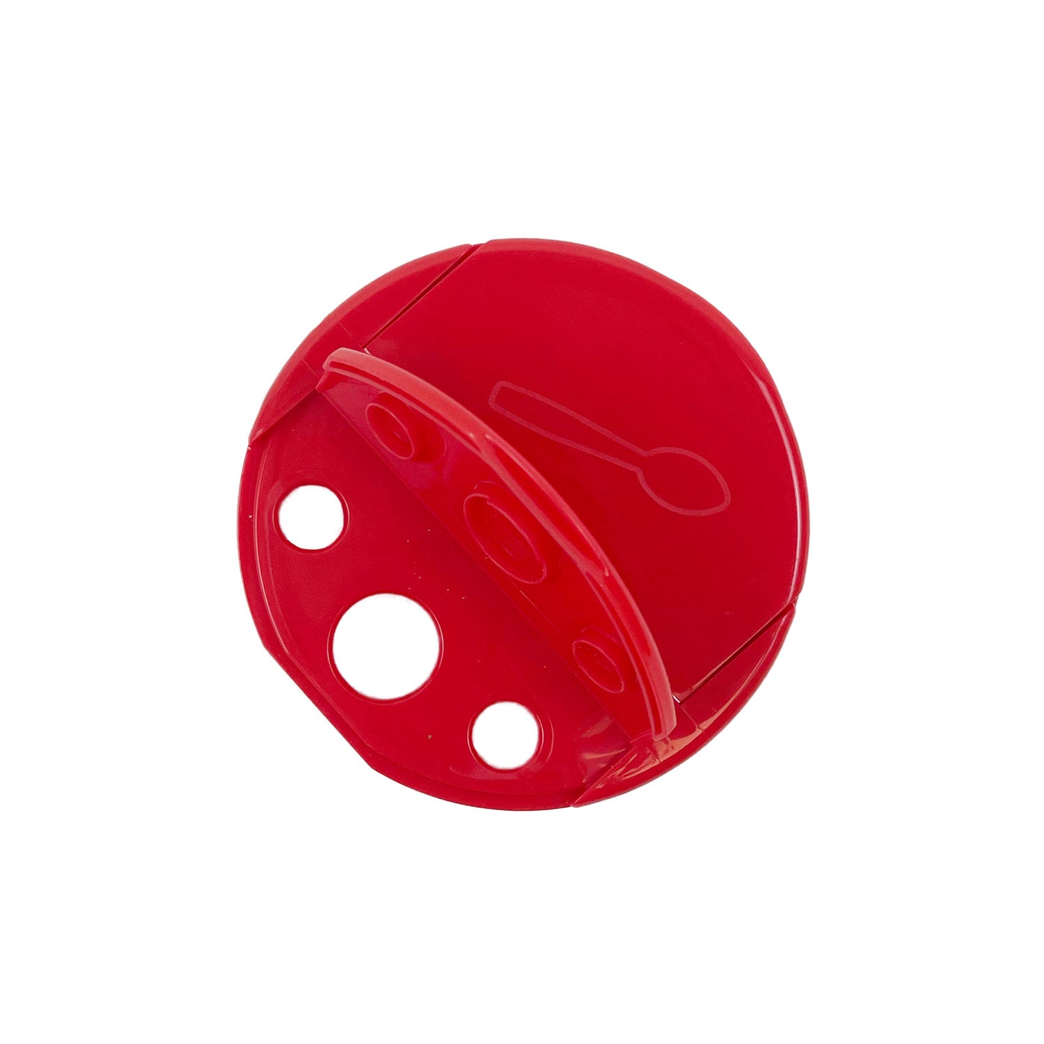 Red Dual-Flap Spice Caps - Case of 10, featuring red plastic caps with assorted hole sizes and a flip-open spout, shown from above on a white background.