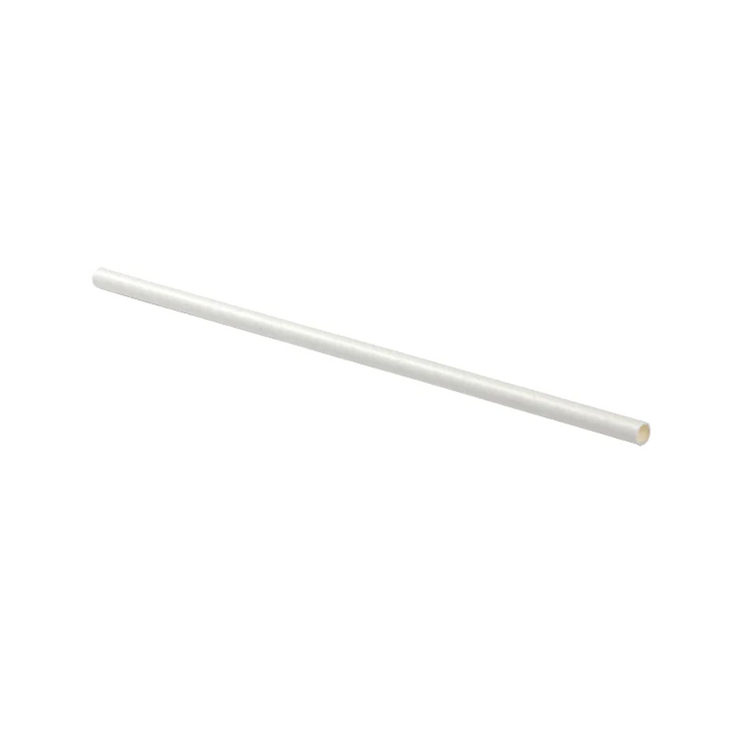 A 7.75" jumbo paper-wrapped white paper straw from a case of 500 is shown diagonally on a plain white background, running from the lower left to the upper right.