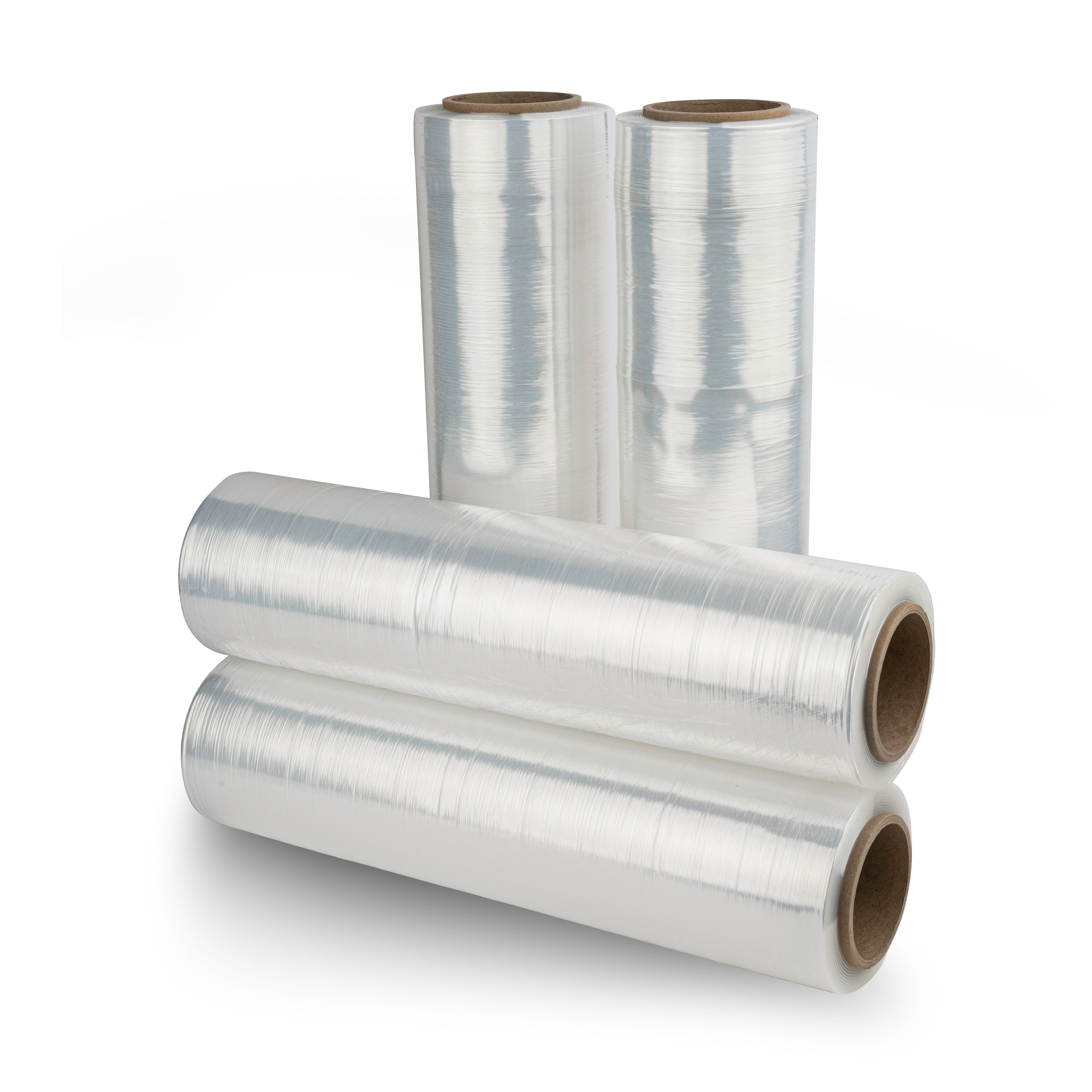 A case of 4 XH High Performance Stretch Hand Film rolls with brown cardboard cores, two upright and two lying down, displayed on a white background.