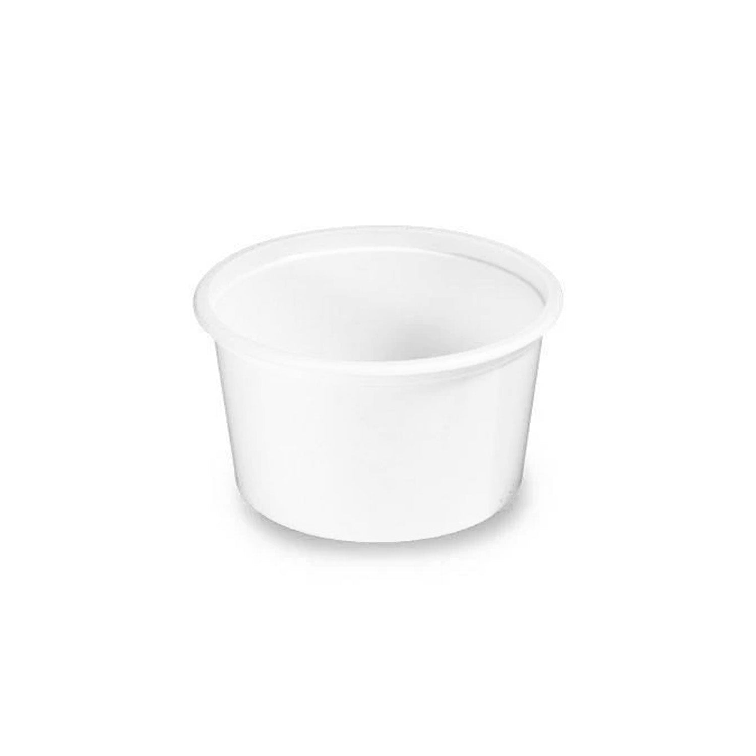 The 8 oz. BPA-Free Food-Grade Container (T31408CP) features a wide opening and plain white design, shown empty against a white background. Sold in cases of 1500.
