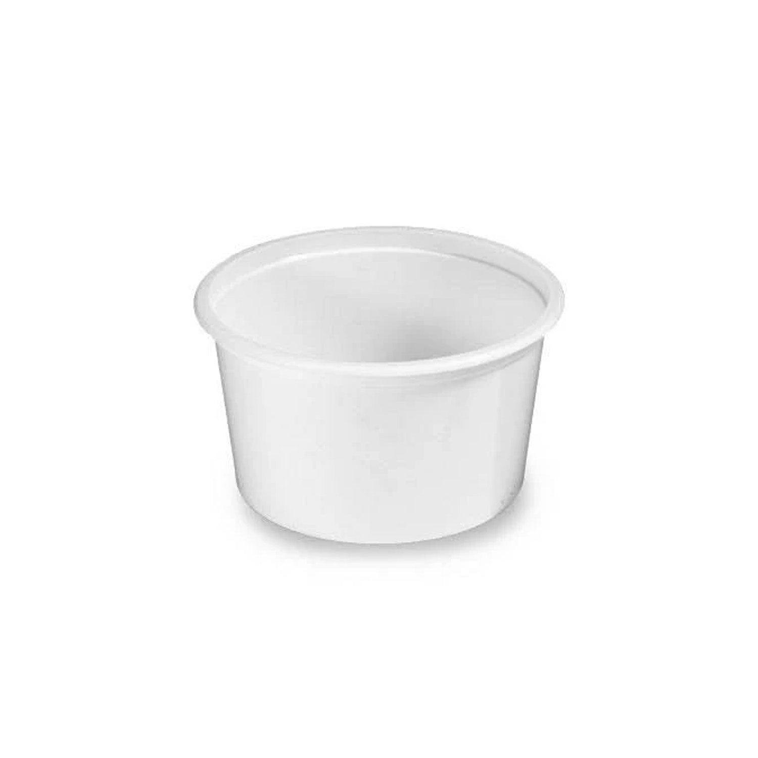 The 8 oz. BPA-Free Food-Grade Container (T31408CP), shown on a white background, features a plain, small, white plastic design with a wide opening and slightly flared rim; available in a case of 1500.