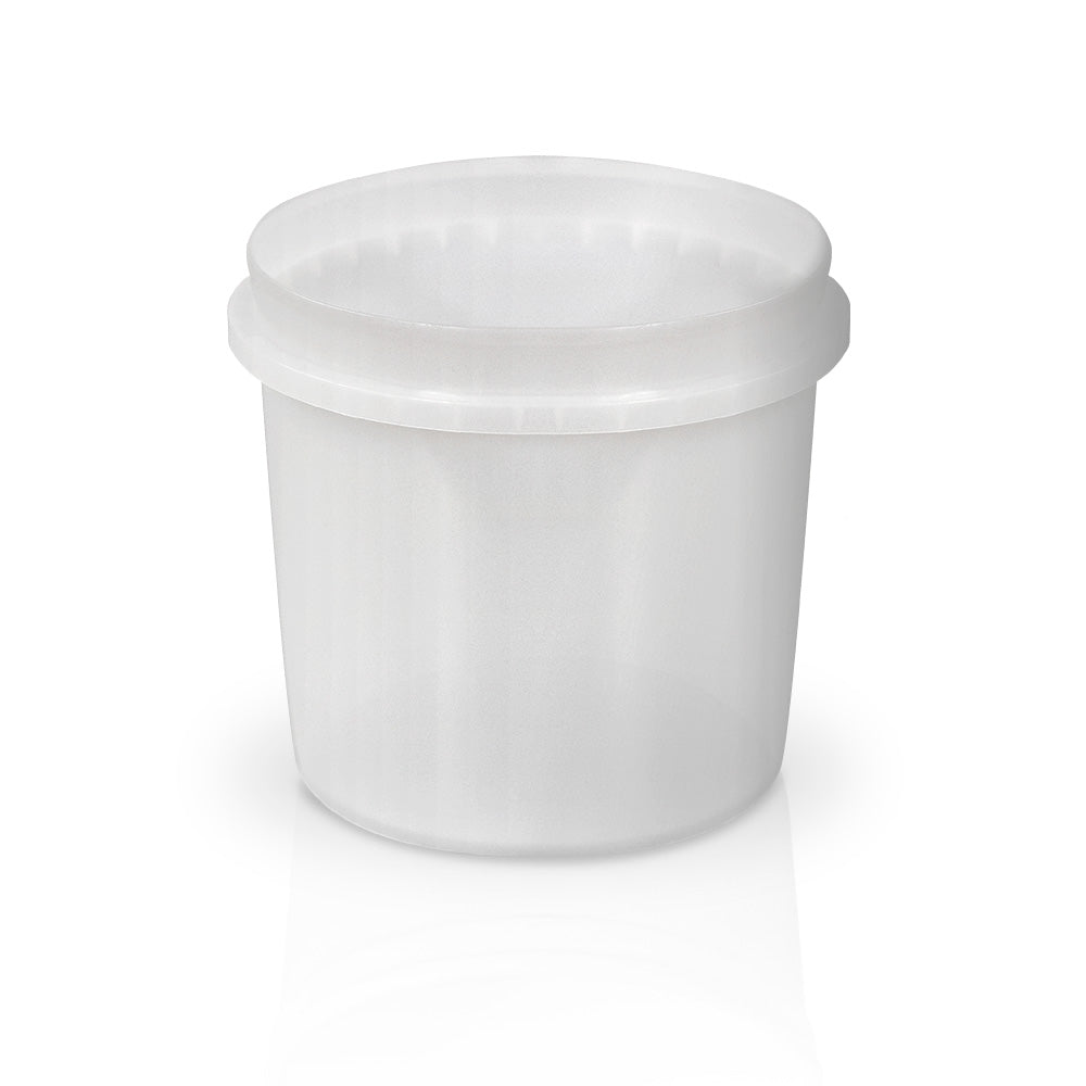 A round, translucent 1/4 gallon (32 oz.) BPA-free food-grade Vapor Lock pry-off container (T41132VL), with a slightly wider top rim, is shown against a white background. Case of 250.