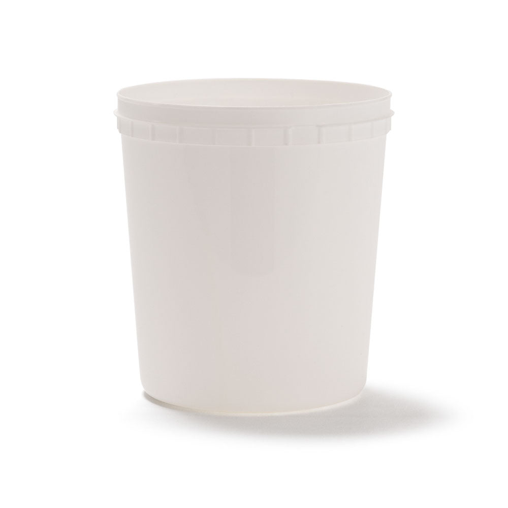 A 1 Gallon BPA-Free Food-Grade Container (T700128CP), cylindrical and white with a secure lid, is shown against a white background. Available in a case of 150.