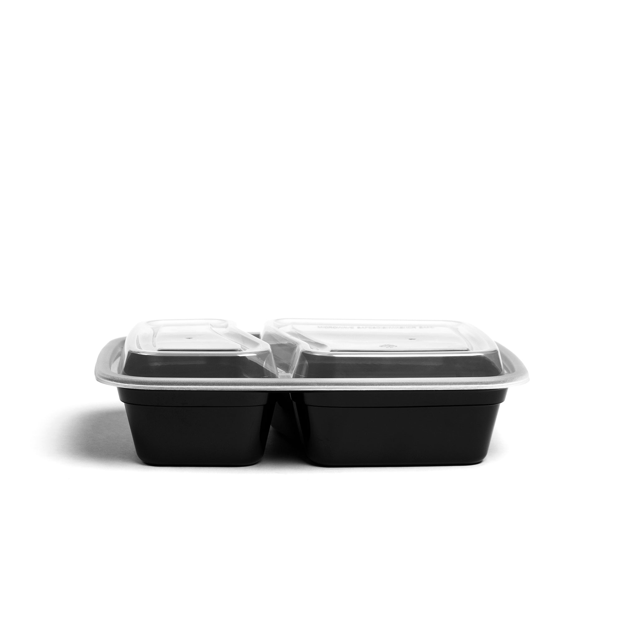 The 32 oz. Rectangular 2-Compartment Take-Out Container (case of 50) is a black plastic food container with a clear plastic lid, shown against a white background.