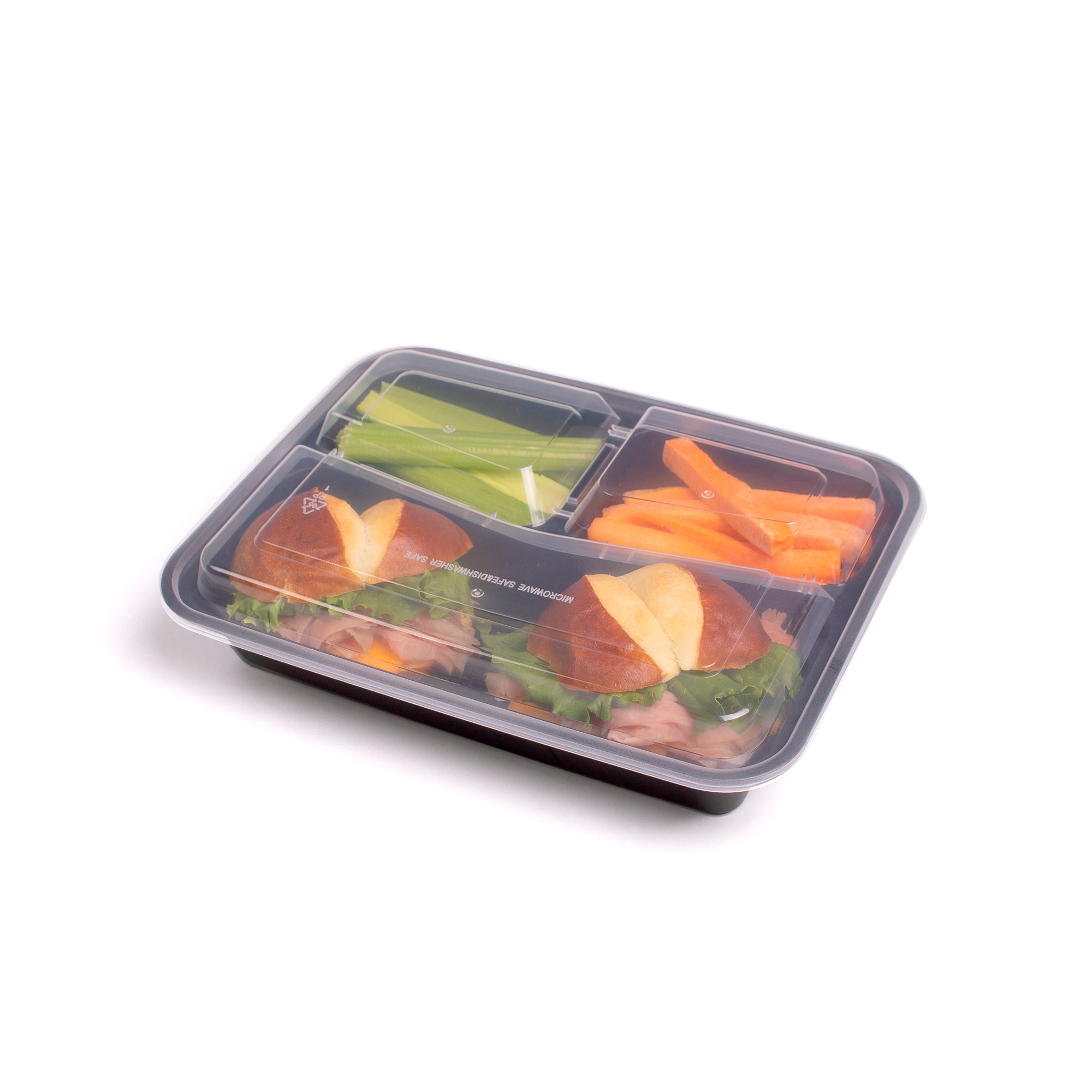 A 33 oz. rectangular 3-compartment take-out container (case of 50) with celery sticks, carrot sticks, and two small sandwiches with sliced meat, covered by a clear plastic lid, is shown on a white background.