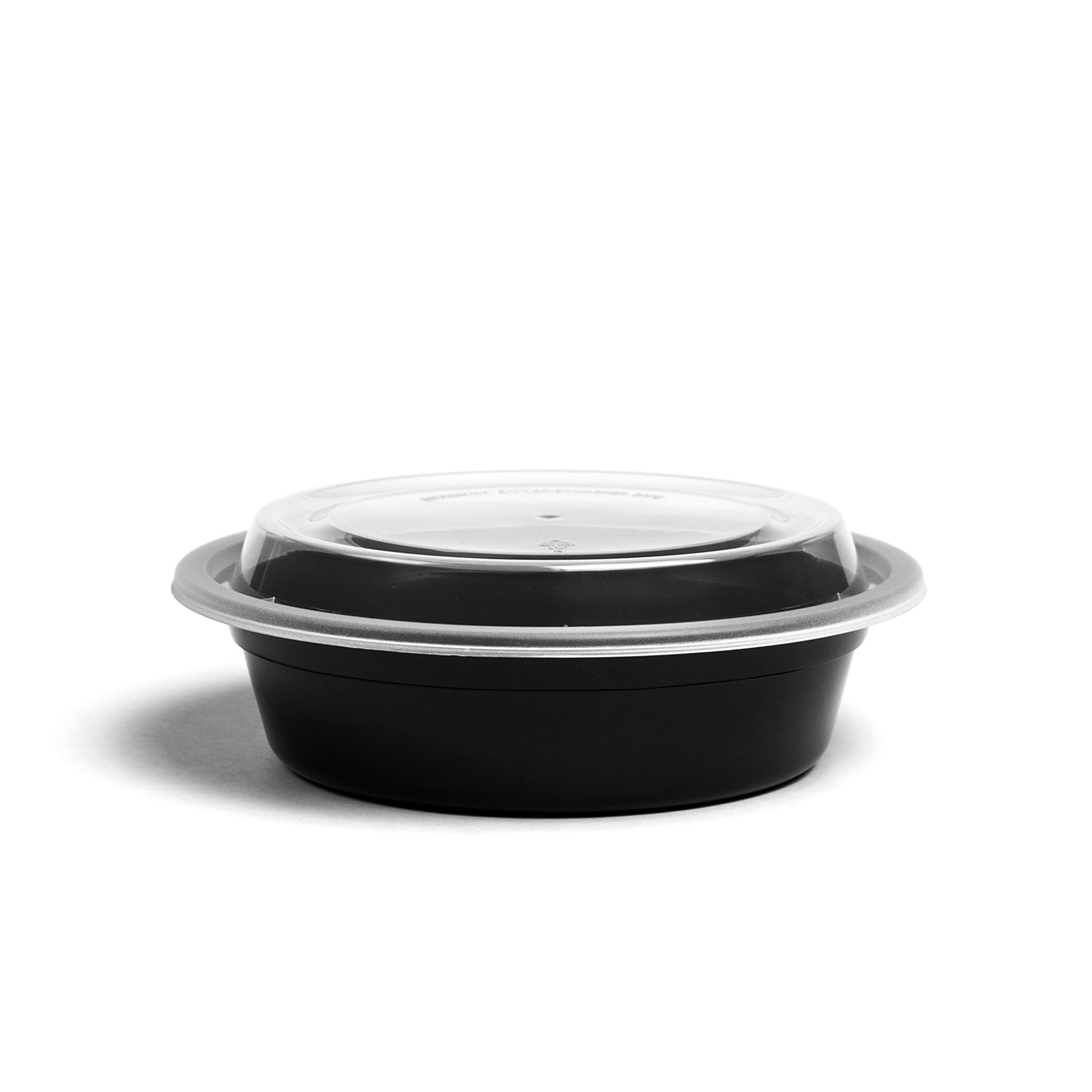 A 16 oz. Round Take-Out Container—black plastic with a clear, snap-on lid—is shown against a plain white background. Sold in a case of 50.