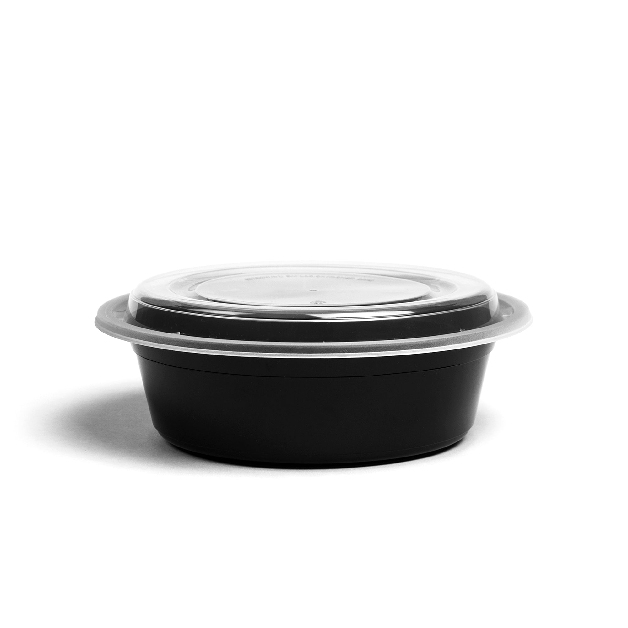 A 32 oz. round black plastic take-out container with a clear fitted lid, shown on a white background. Sold as a case of 50.