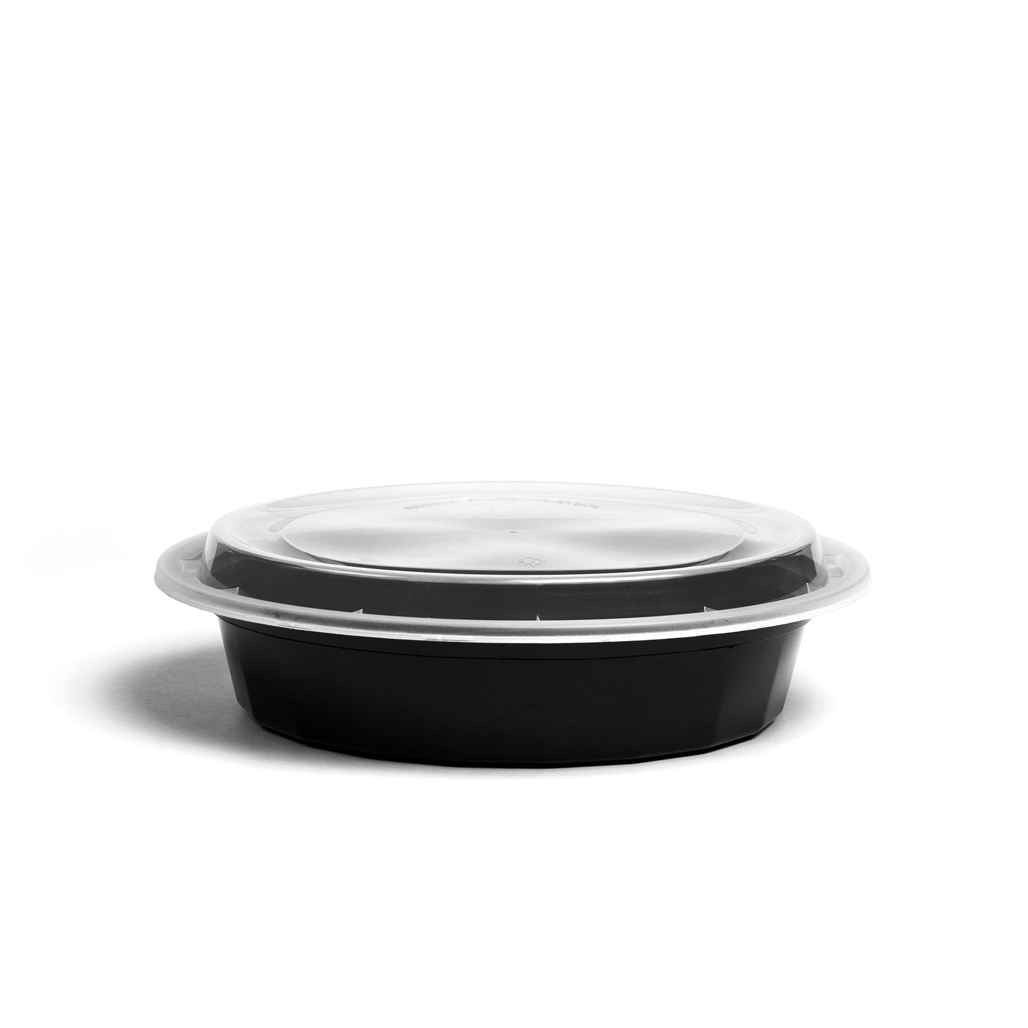 A 48 oz. round take-out container with a clear, tight-sealing lid is displayed on a white background; sold in a case of 50.