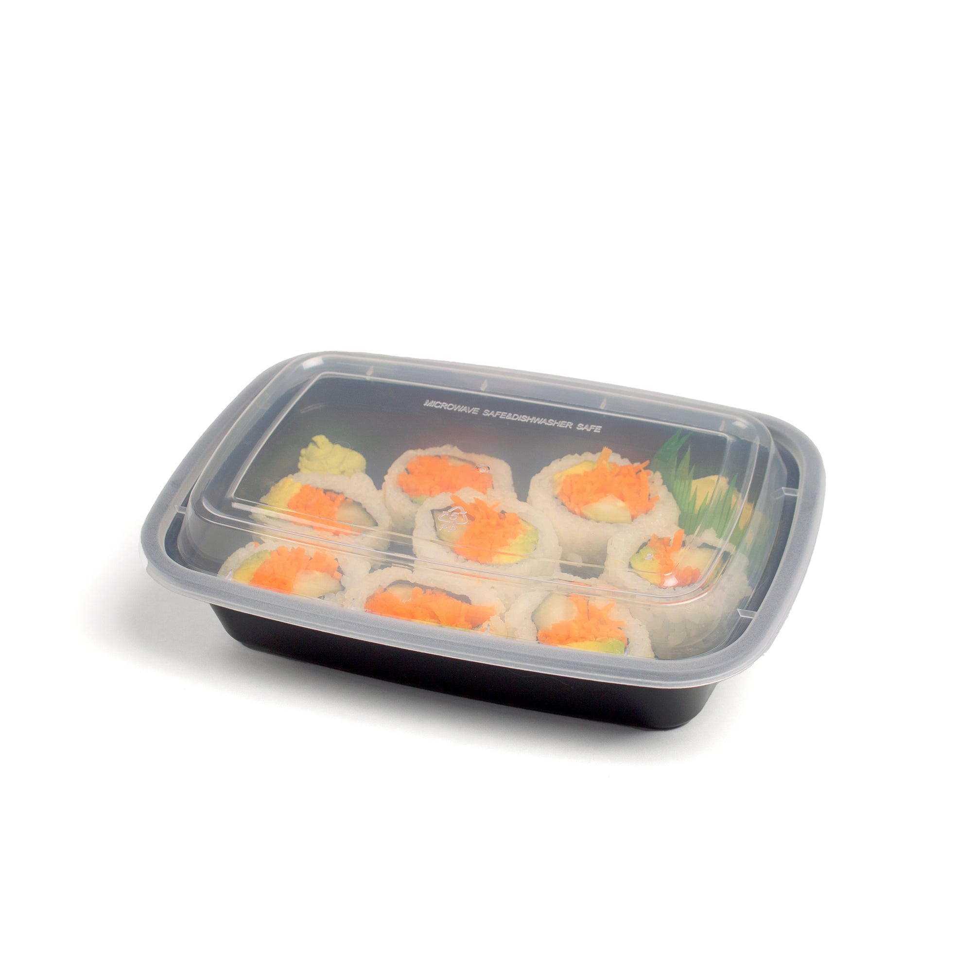 A 24 oz. rectangular take-out container (case of 50), black plastic with a clear lid, holds several sushi rolls with orange filling, plus wasabi and pickled ginger.