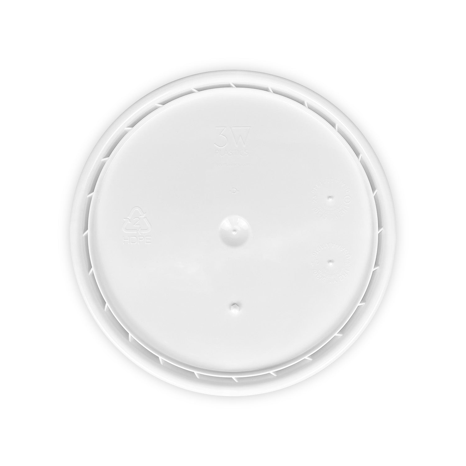 A white, round plastic UN-Rated 5 Gallon 1H2/Y1.5/30 BPA-Free Food-Grade Bucket Lid (1 Count) with a recycling symbol and embossed markings, shown from above on a plain white background.