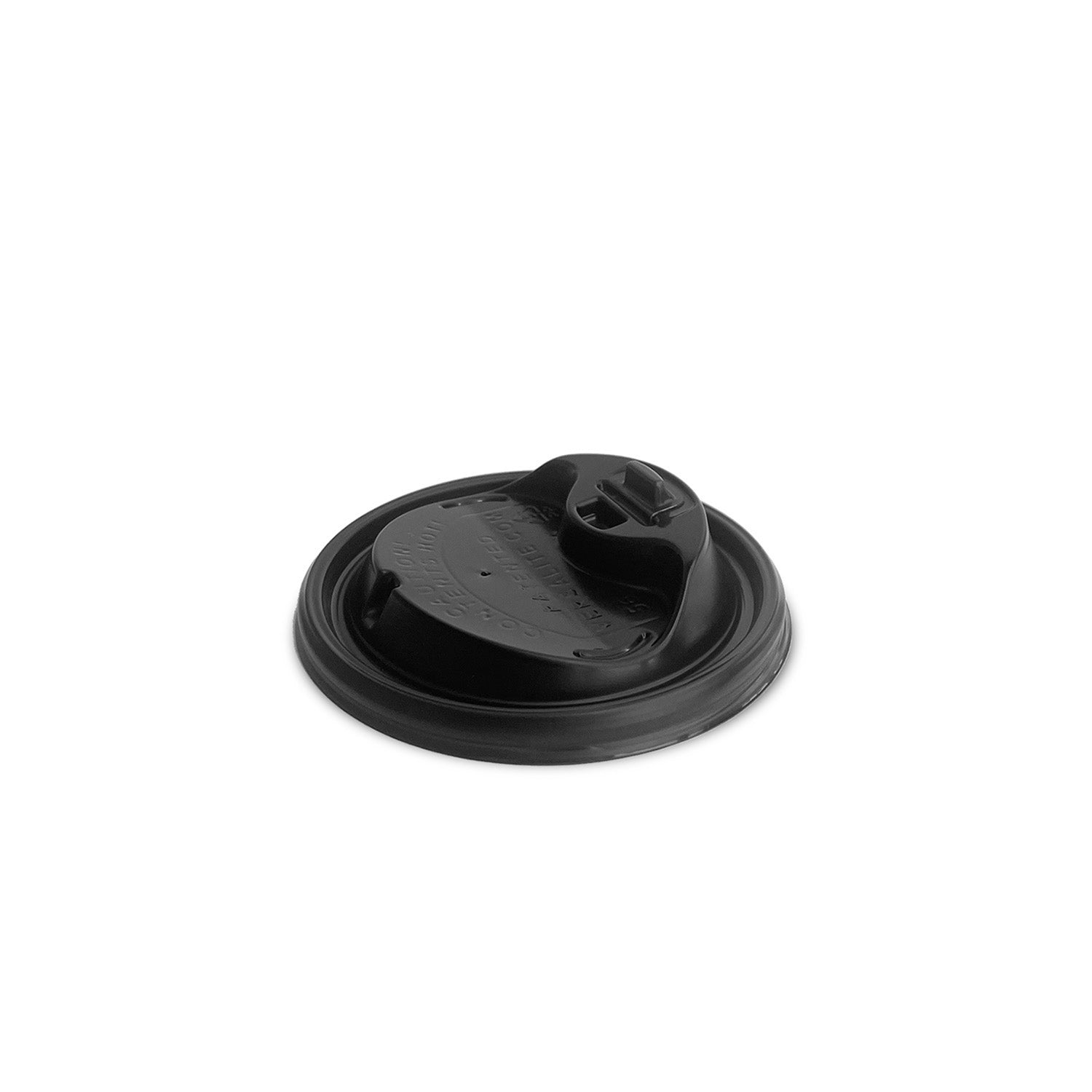 A Reclosable Lid for Versalite Polypropylene (PP) Hot Cups, black plastic with a small drinking spout and raised text, shown on a white background. Sold as a case of 996 lids.
