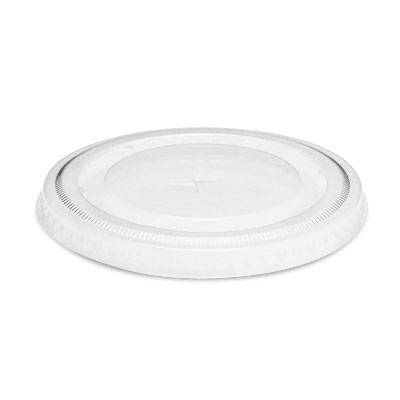 Clear Disposable Flat Lids with Straw Slot (DLT314SS), case of 1000, feature a circular shape, raised center, textured grip edge, and fit securely on disposable cups or containers.